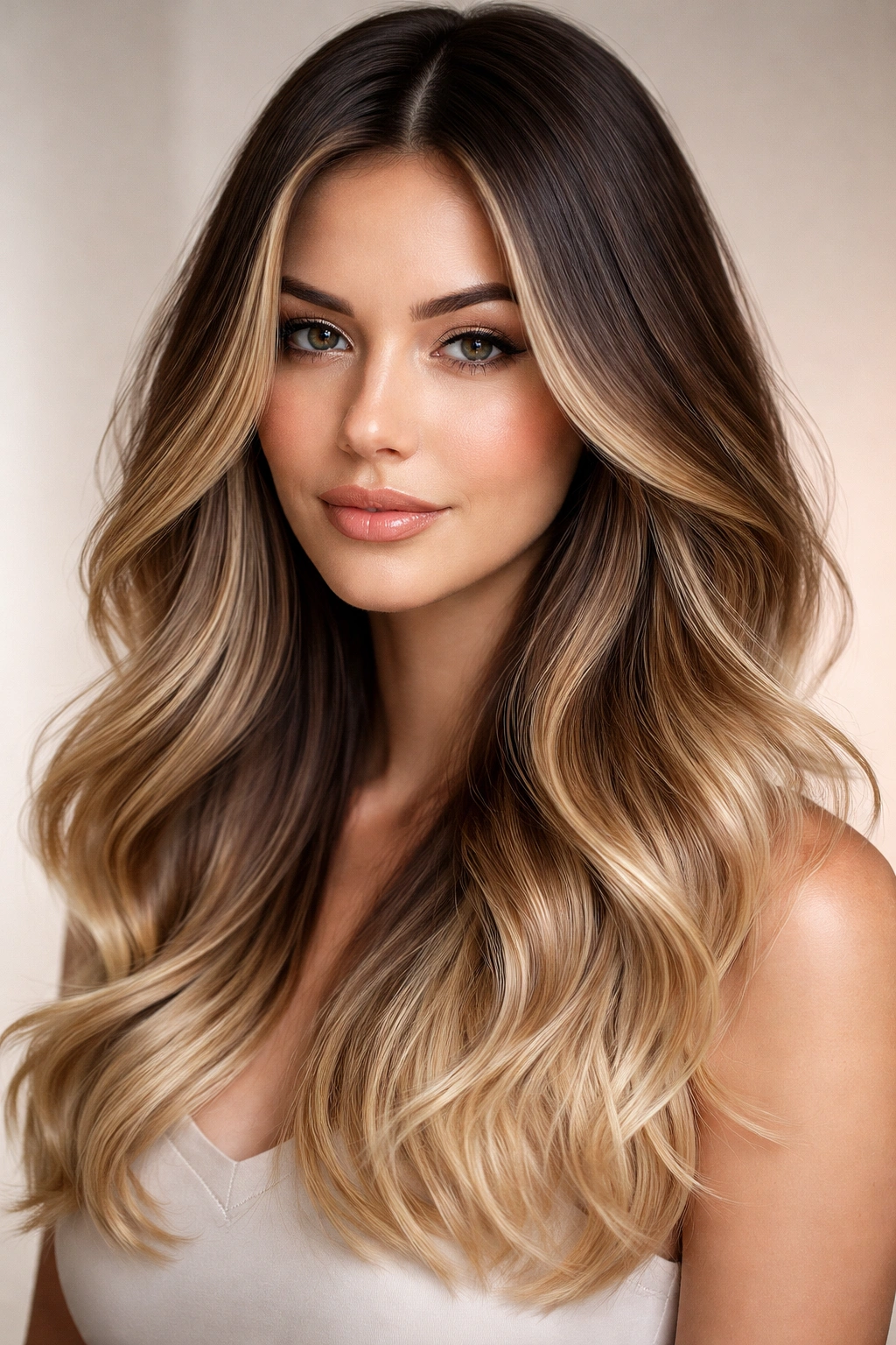 Close-up of glossy ombré hair with a smooth brown-to-blonde gradient