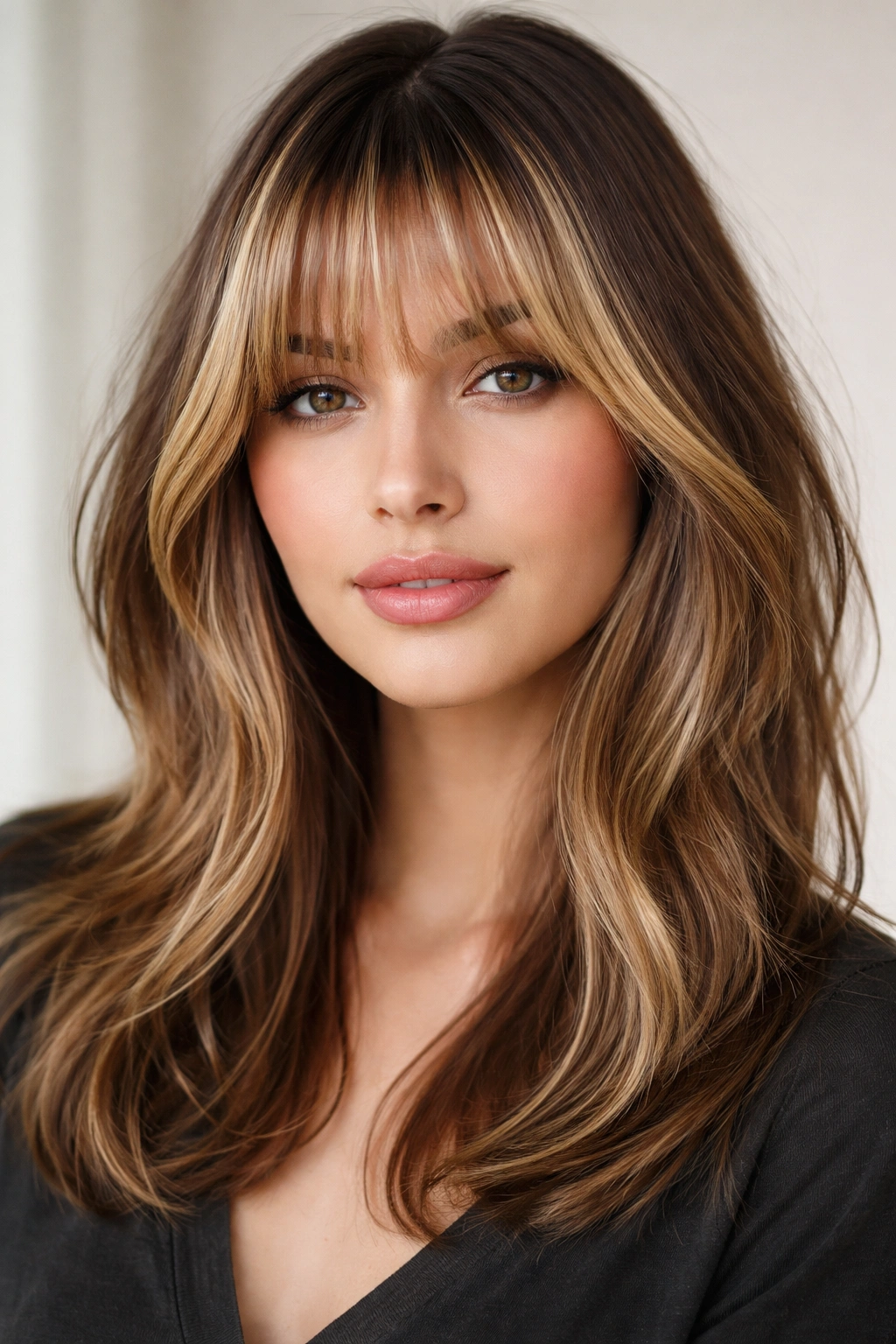 18 Bangs To Try With Medium Length Hair 12 Ombré highlighted bangs showing color gradient on medium-length hair