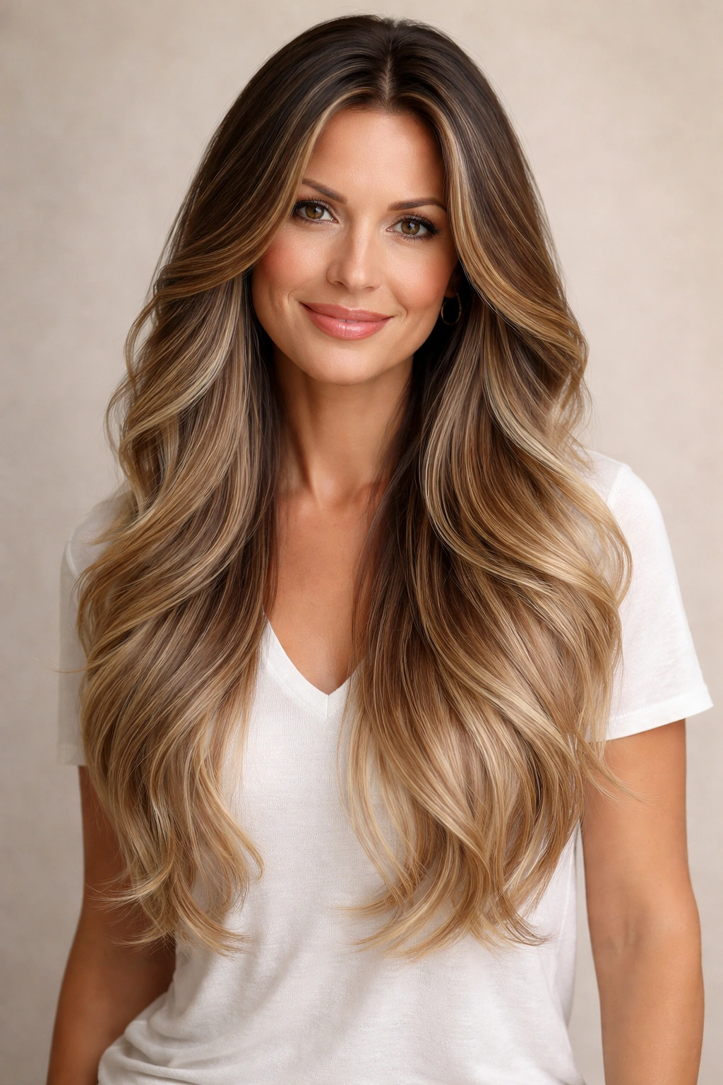 Close-up of long ombre with layered hair showing dark roots to light ends