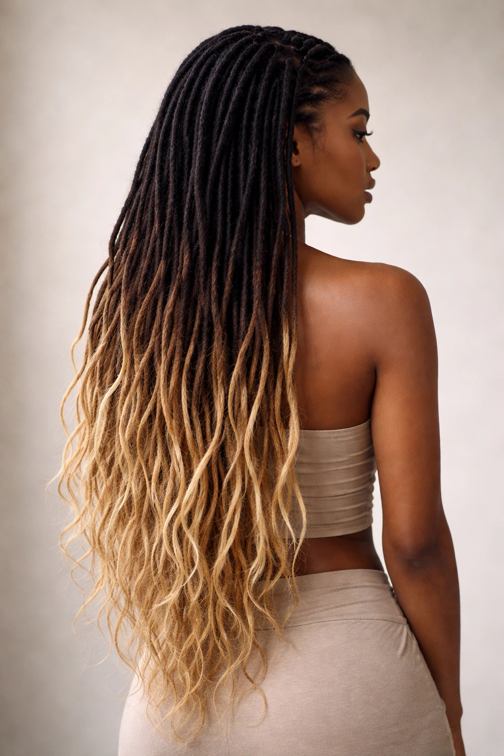 Long ombré locs gradient from dark roots to light tips down the back