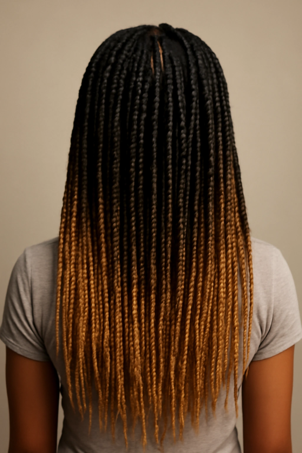 Mid-back length box braids with ombre color gradient from root to ends