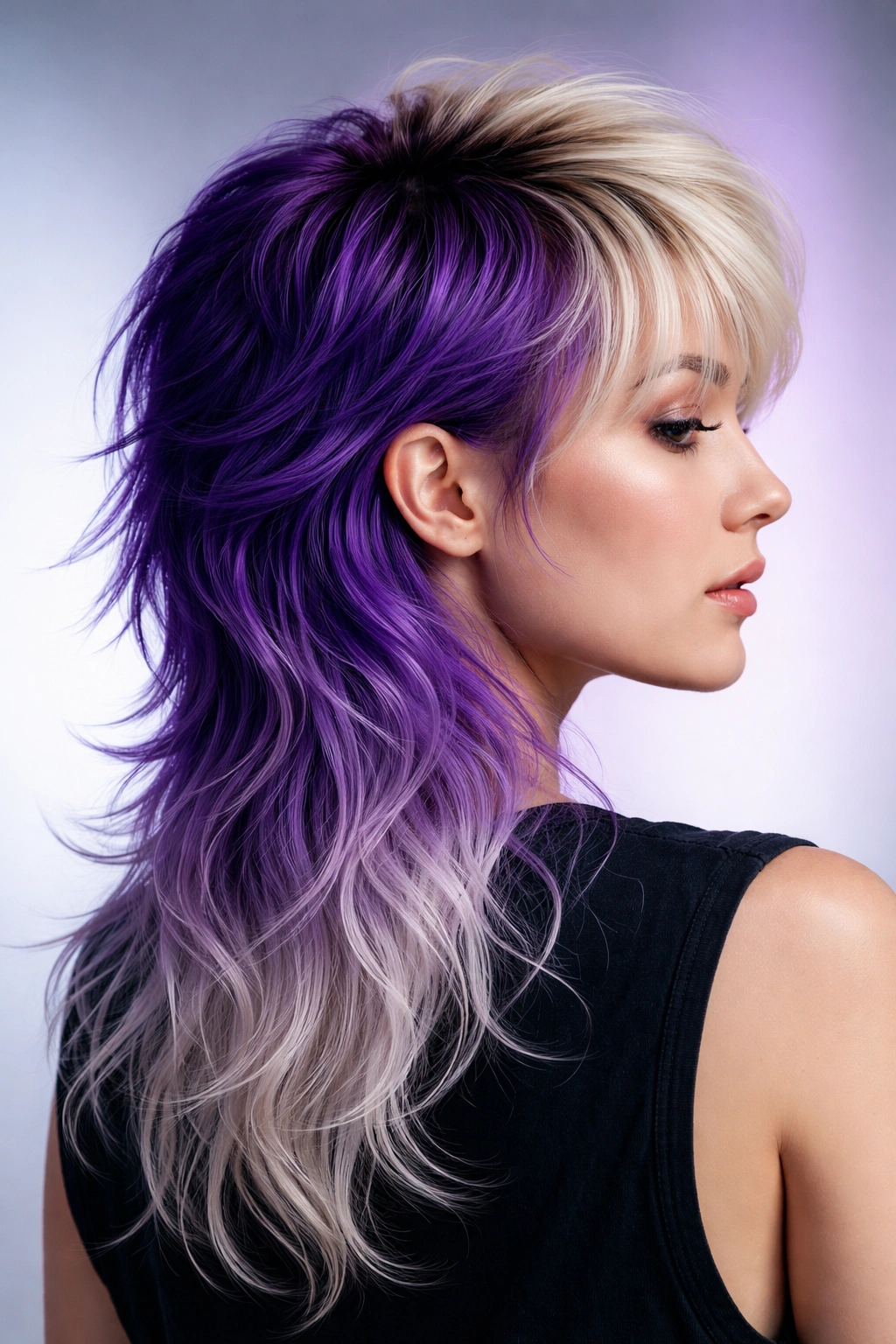 Ombré violet to silver mullet with seamless gradient