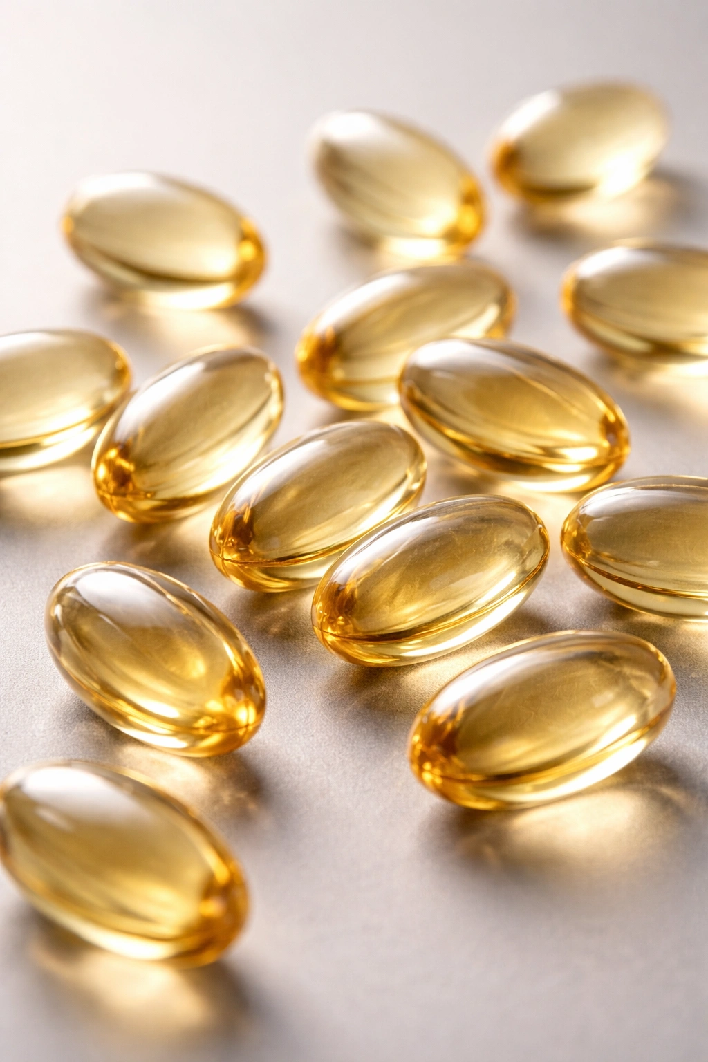 Close-up of omega-3 gel capsules on a neutral background suggesting hair health