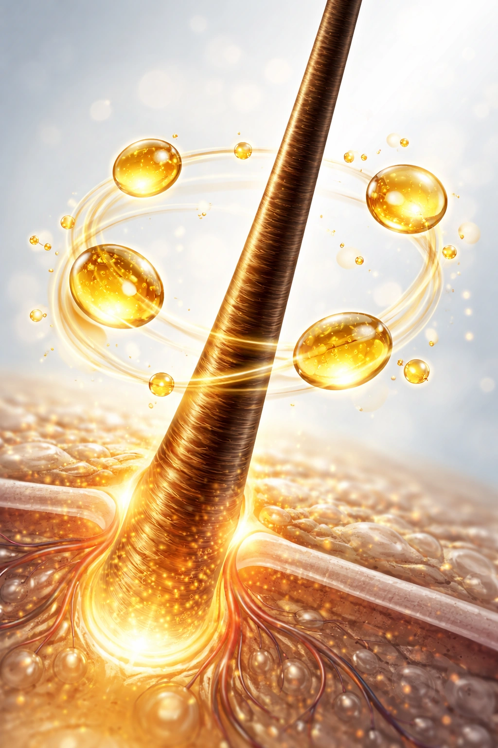 Hair strand with omega-3 molecule shapes around it