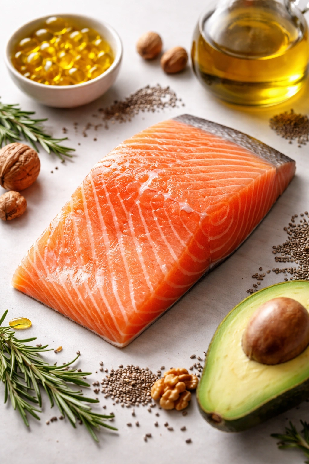 Close-up of a salmon fillet on a neutral background, representing omega-3 fatty acids