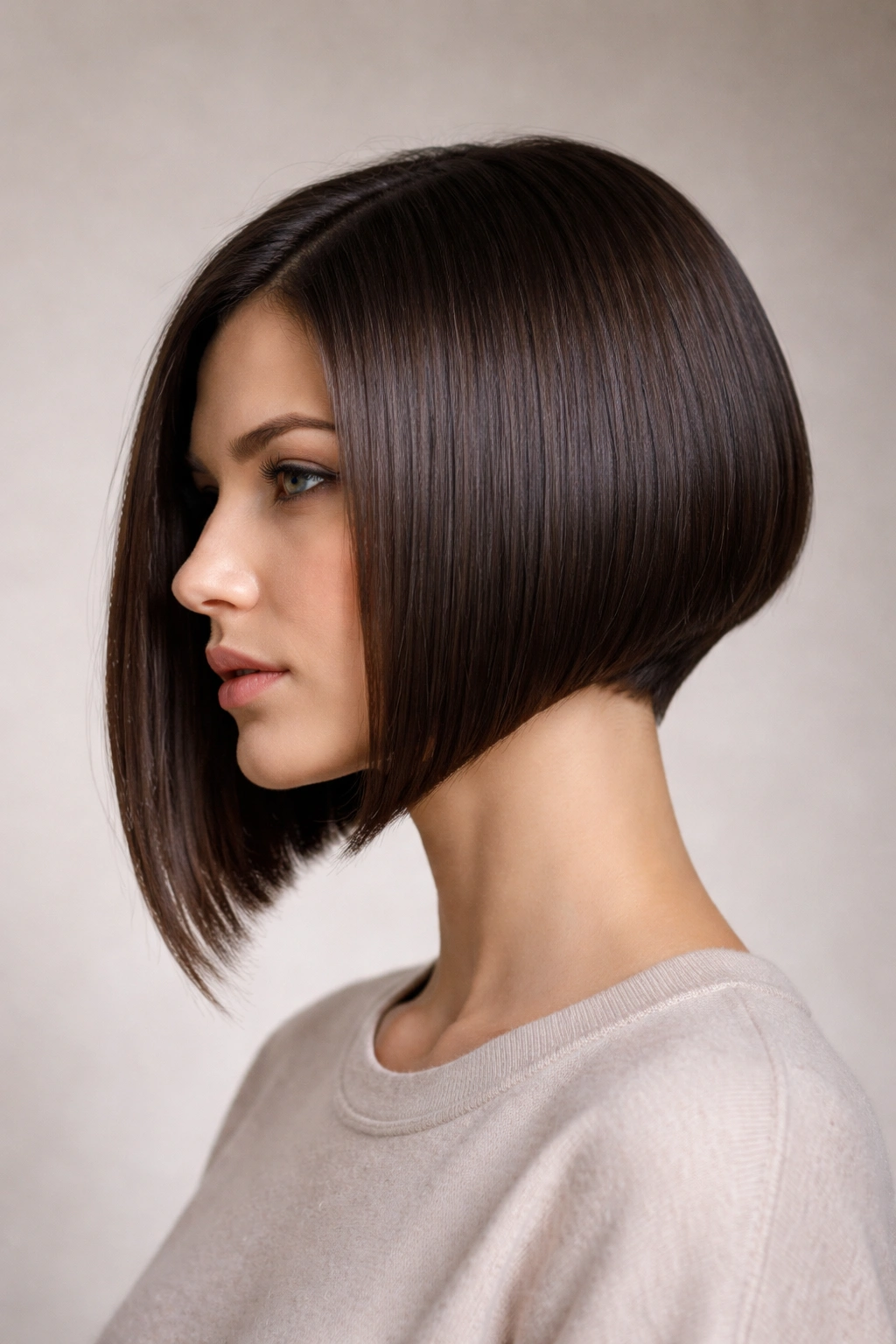 Head-and-shoulders view of a one-length angled bob with a sharp diagonal line