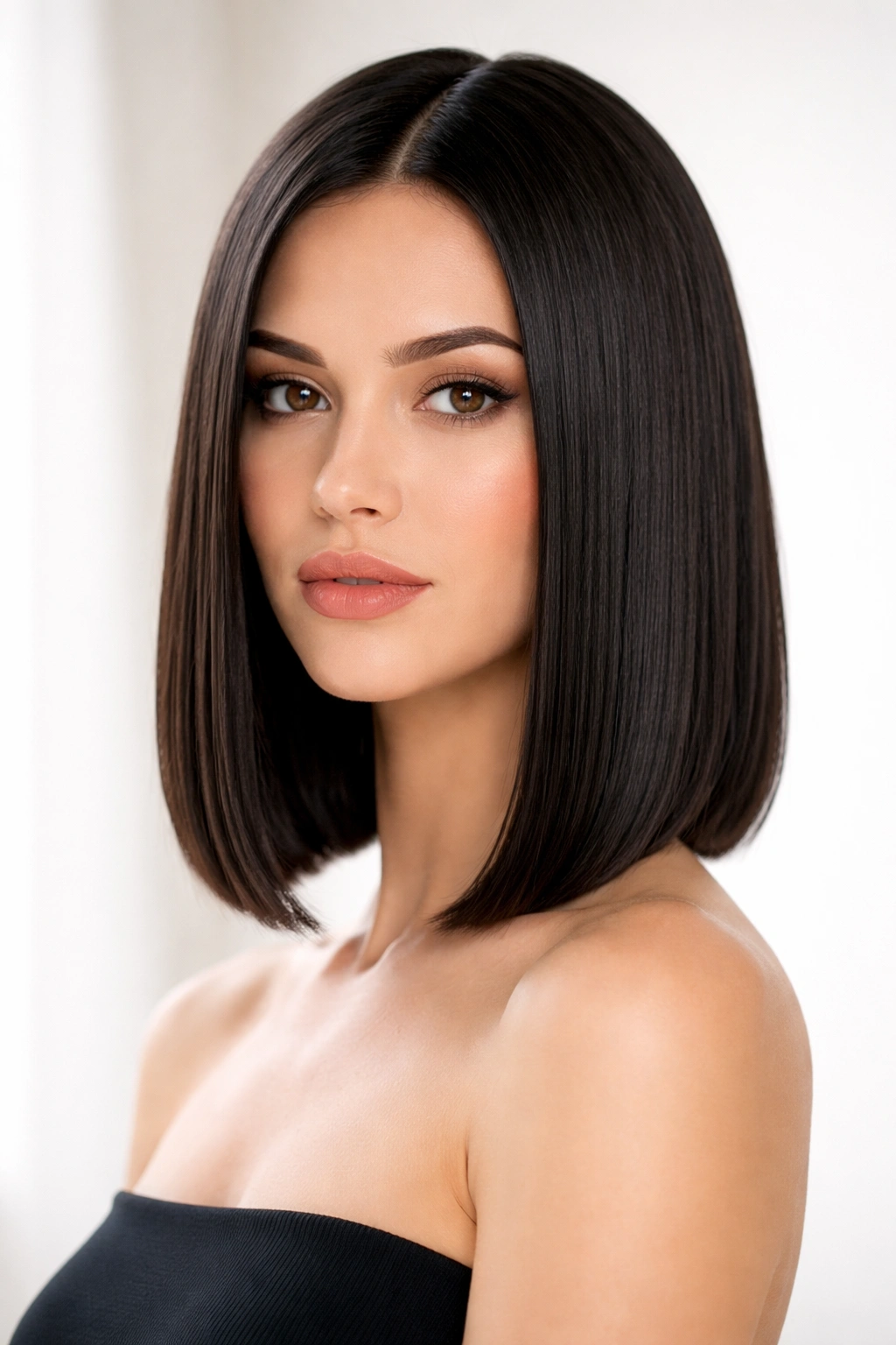 Sleek one-length blunt bob on an oval face with straight hair