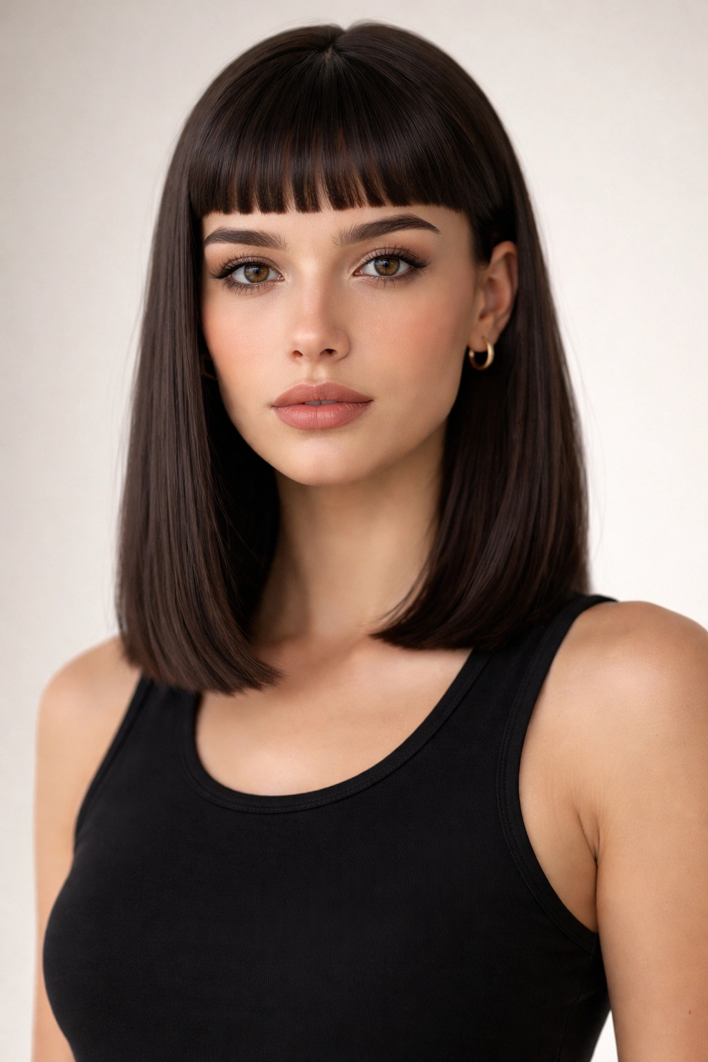 25 Medium Length Hairstyles That Suit Everyone 6 Close-up of a person with a one-length medium cut and micro bangs.