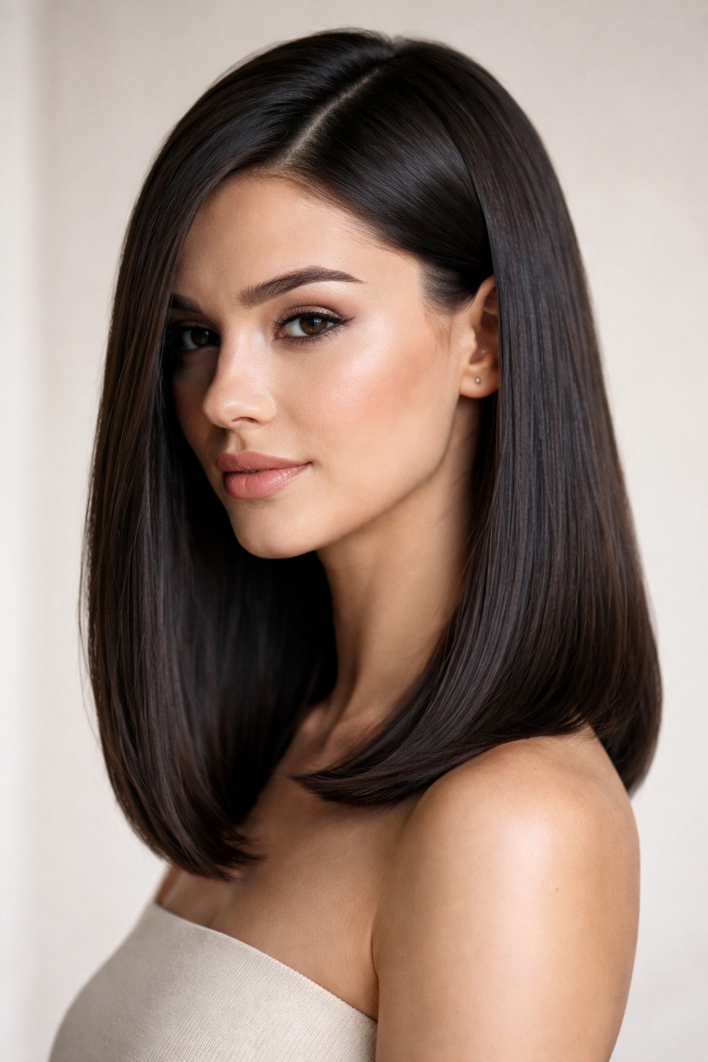 20 Shoulder Length Haircuts For Every Hair Type 7 Close-up of a model with shoulder-length sleek hair and a deep side part