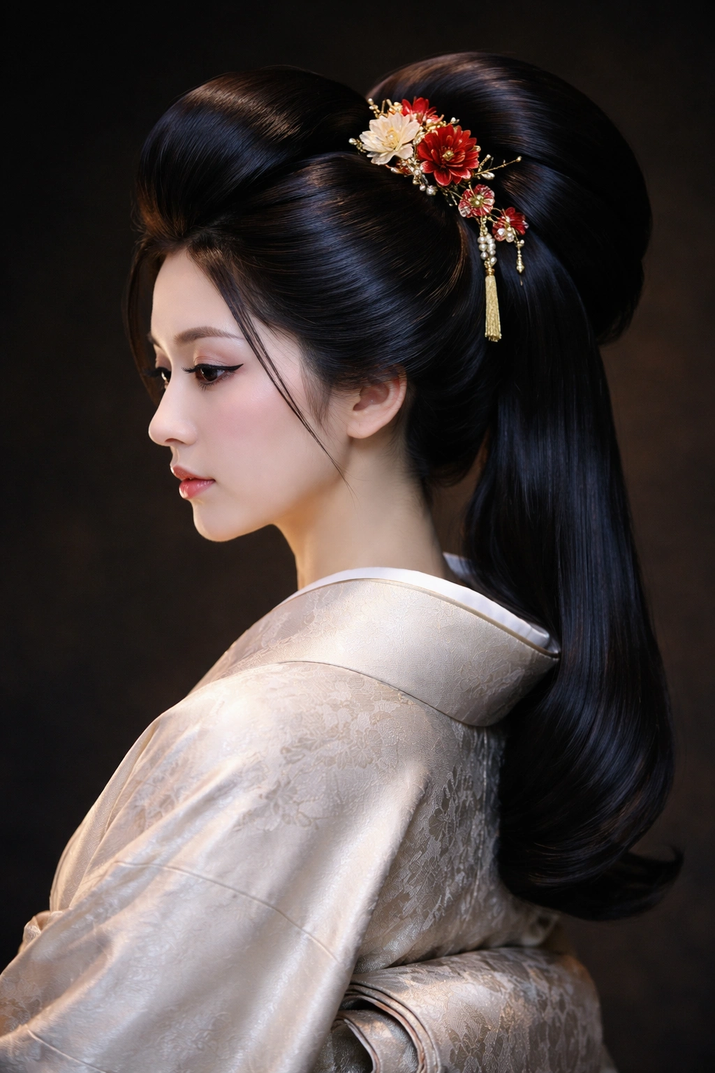 Glossy Onnagata hair with balanced volume and shine