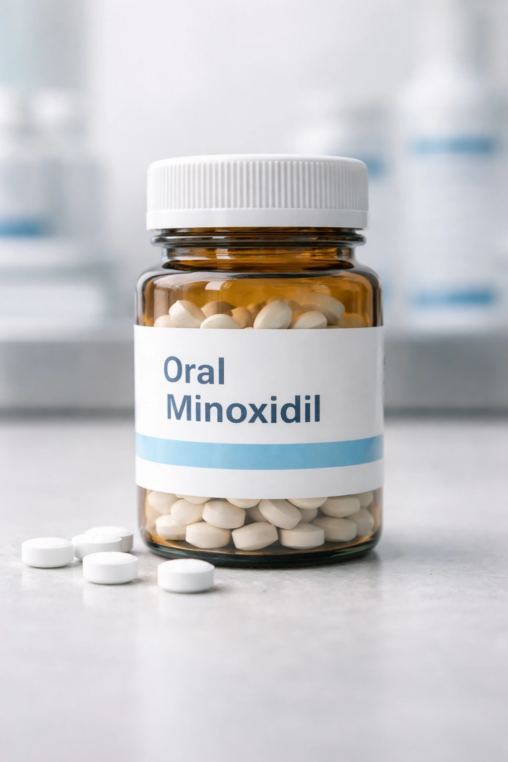 Pill bottle with white tablets representing oral minoxidil treatment
