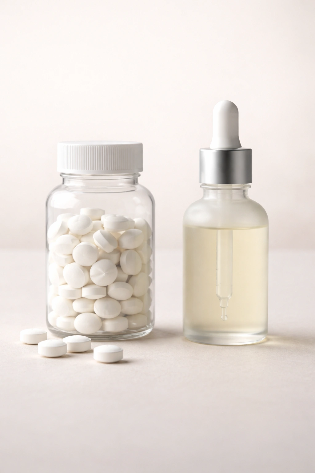 Pill bottle and topical bottle representing oral vs topical melatonin