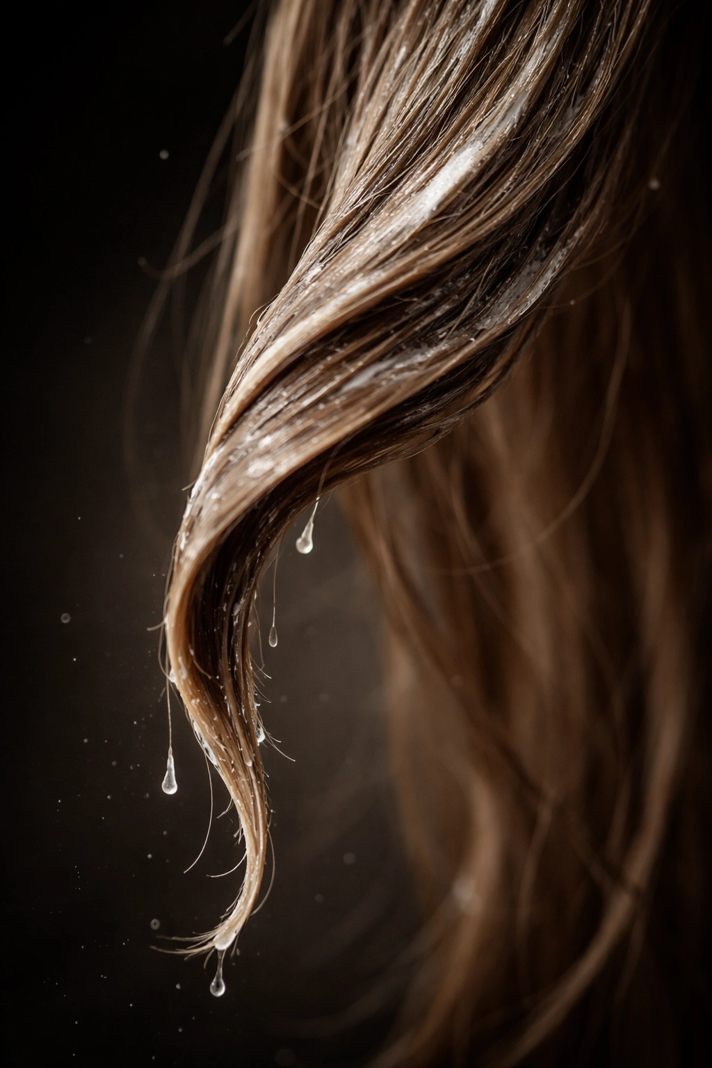 Hair strand with waxy sheen and droop indicating over-conditioning buildup