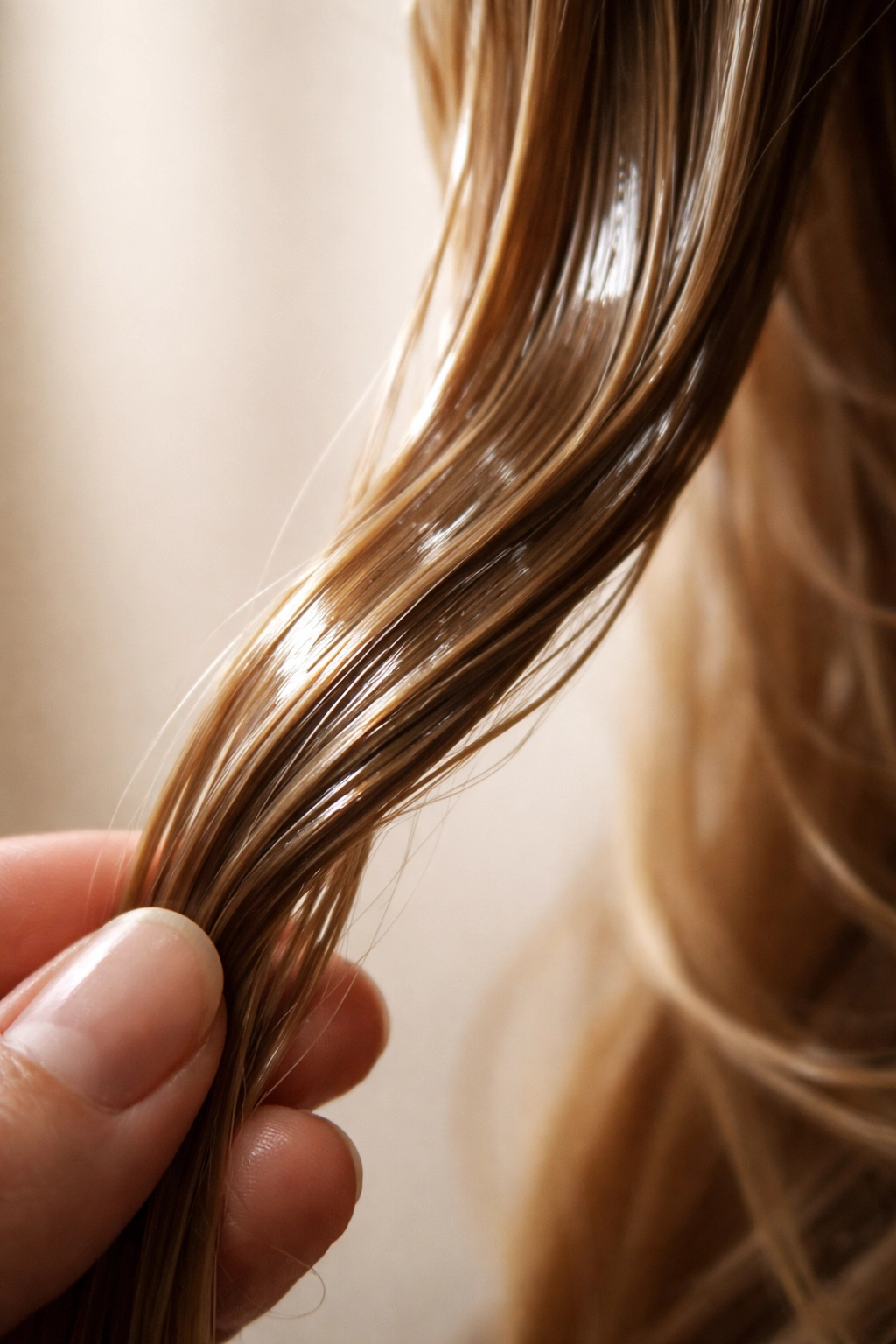 Hair strand showing limpness and gloss from over-conditioning