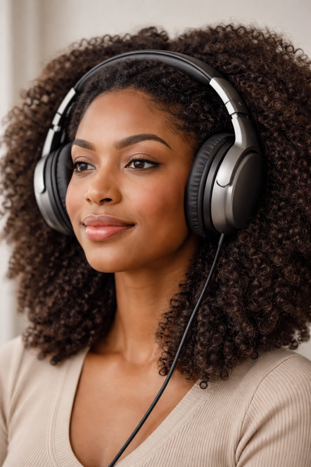 Person wearing over-ear headphones with thick padding; hair not flattened