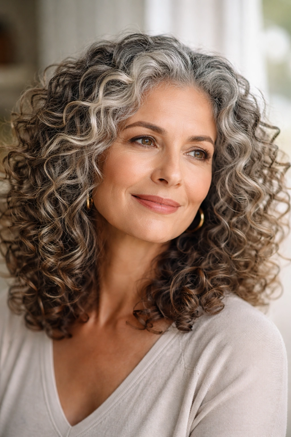 Close-up of a mature woman's curly hair with gray strands and defined curls