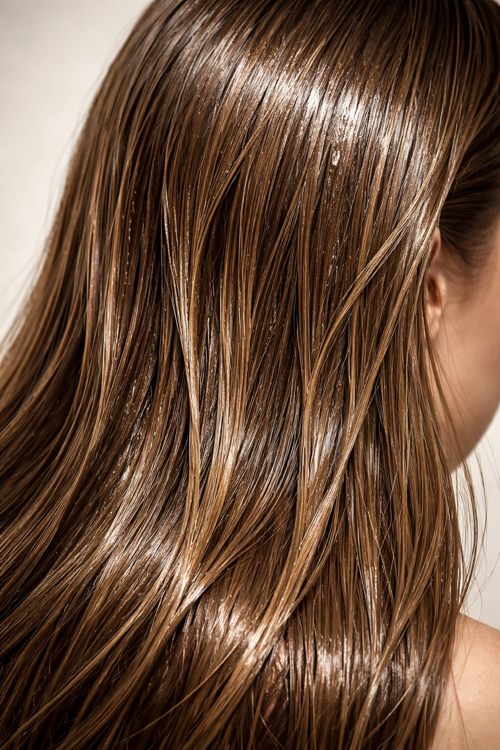 Hair with greasy, overly shiny appearance due to over-conditioning