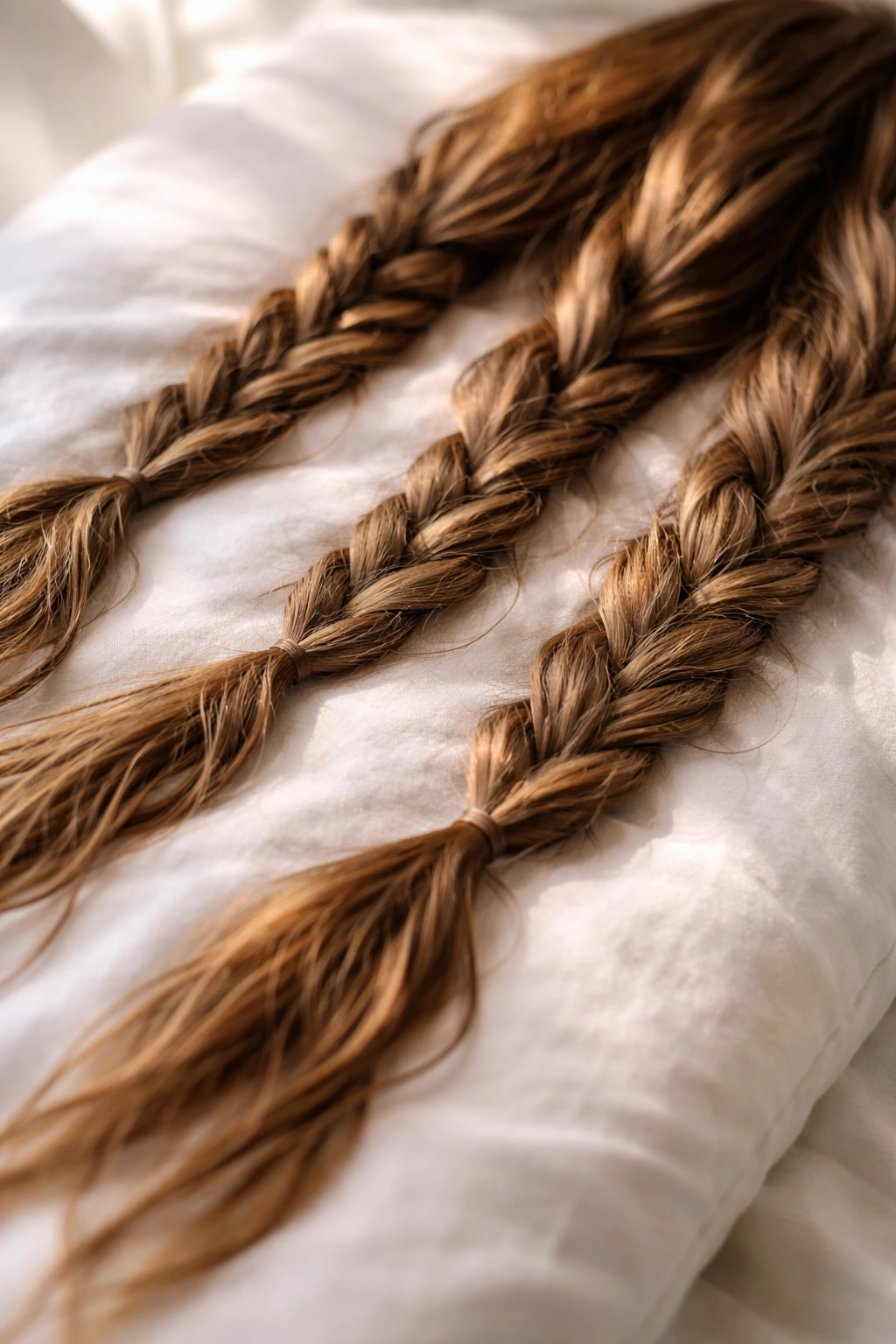 Close-up of damp hair braided into 2-4 sections on a light surface, showing wave texture