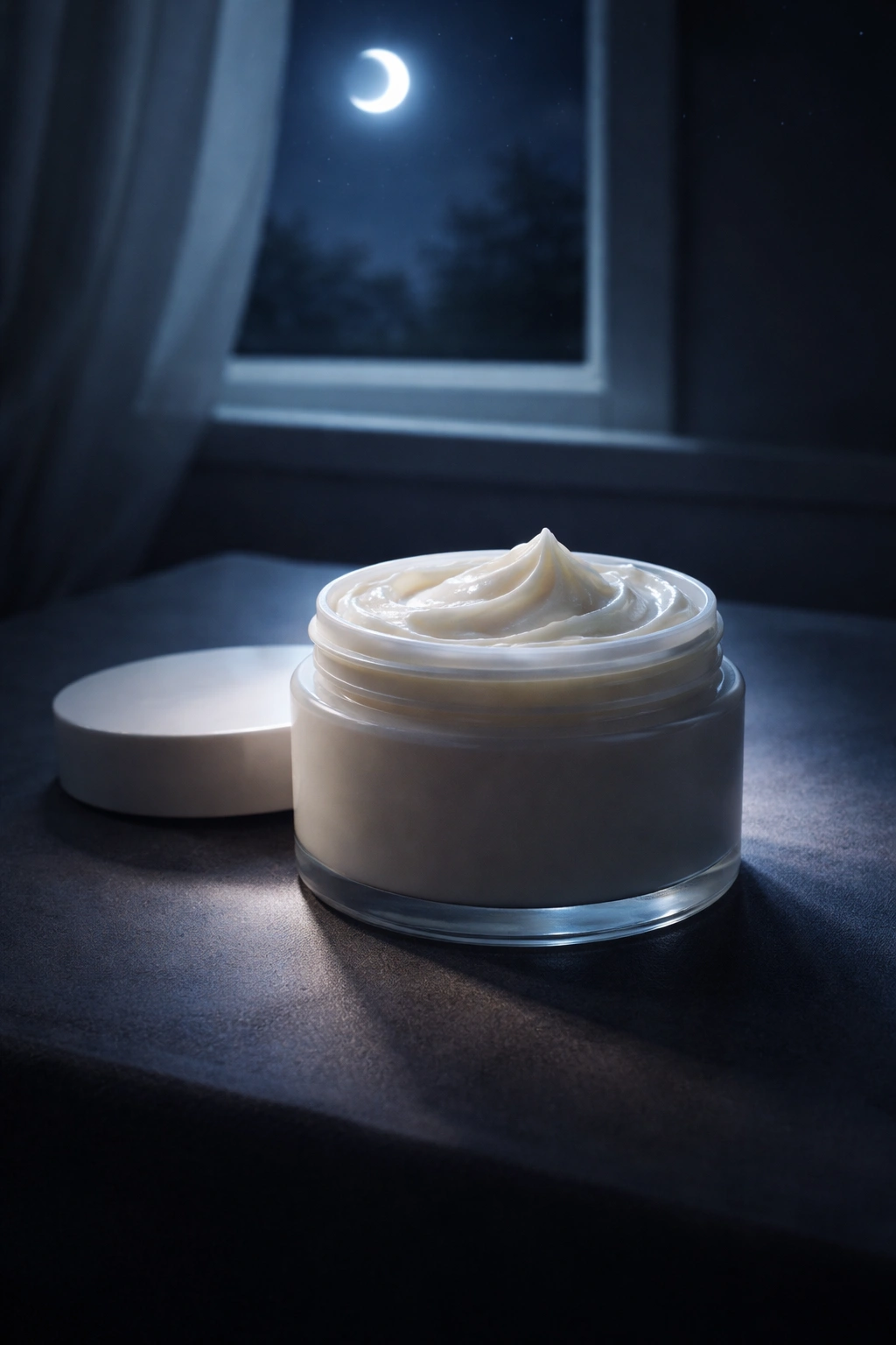 Hair mask product photographed in low light suggestive of overnight use