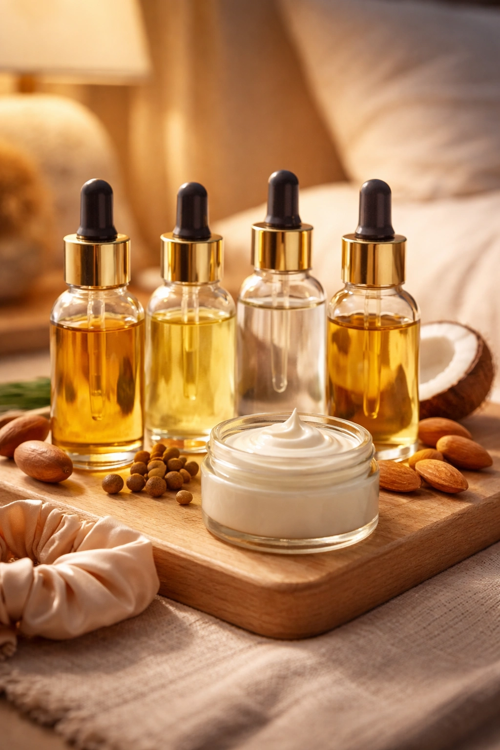 Close-up of unlabeled oil bottles and a small conditioner jar on a wooden nightstand