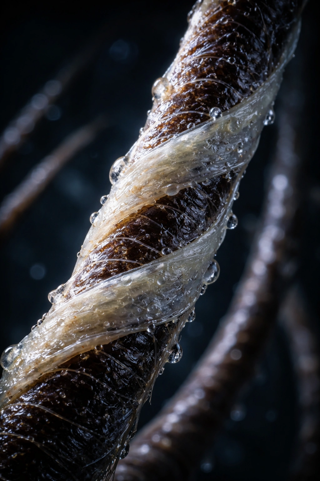 Hair strand with thick protein coating creating a rigid shell under low light