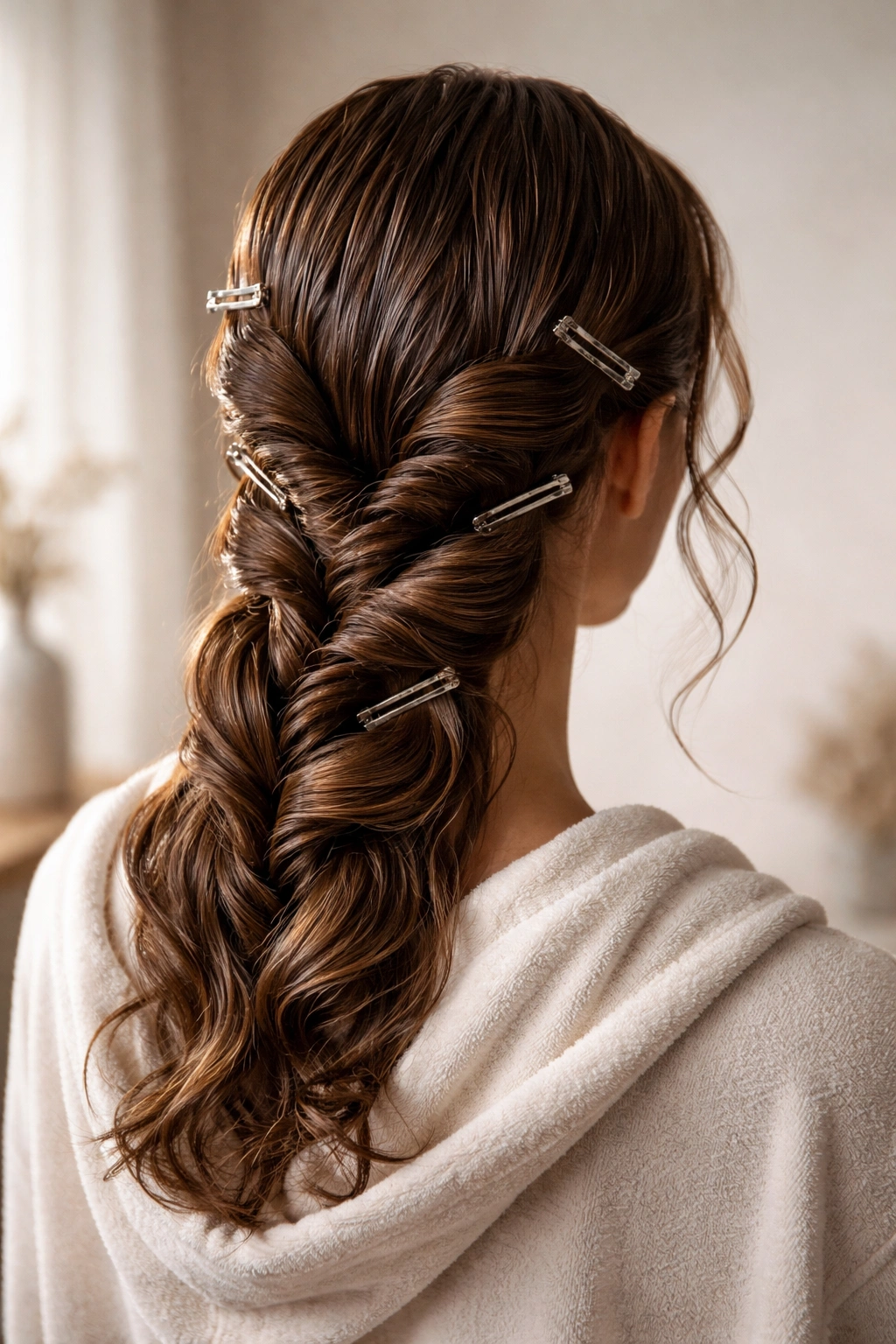 Back of head with soft overnight waves formed by wrapped damp hair
