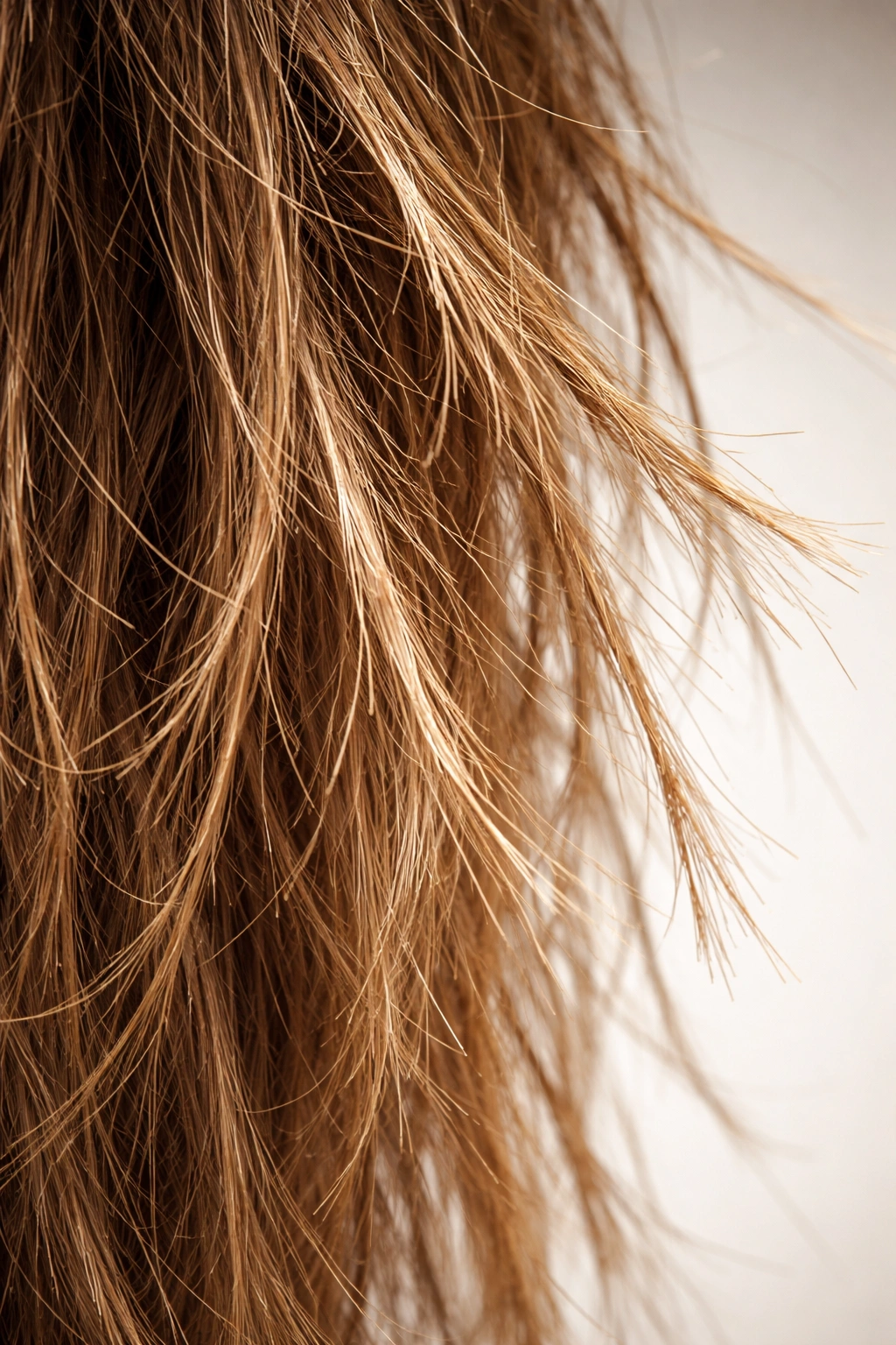 Close-up of dry, brittle hair with frayed ends indicating overwashing.