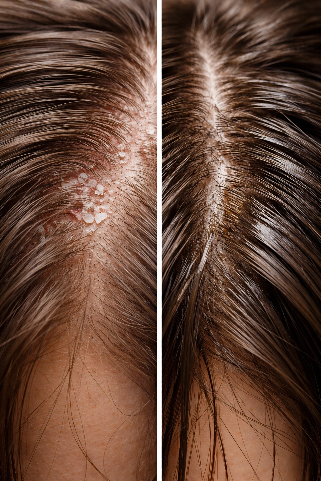 Scalp close-up showing both dry and shiny areas as signs of washing extremes