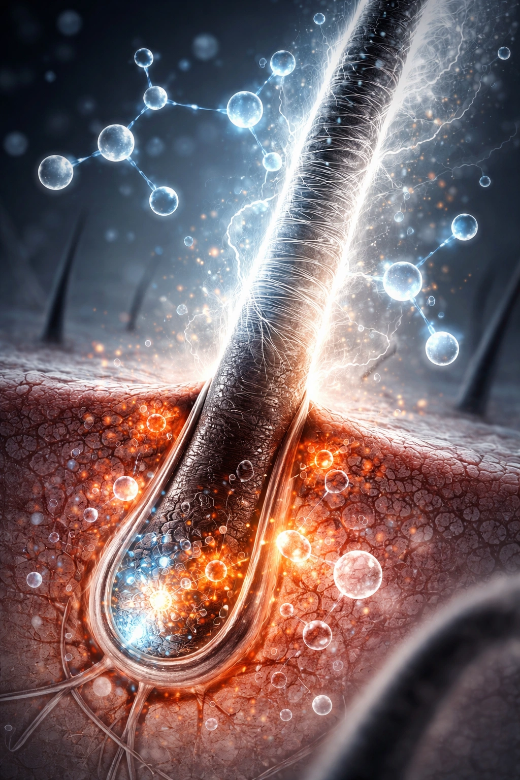 Hair follicle with glowing particles depicting oxidative stress and ROS impact on melanocytes