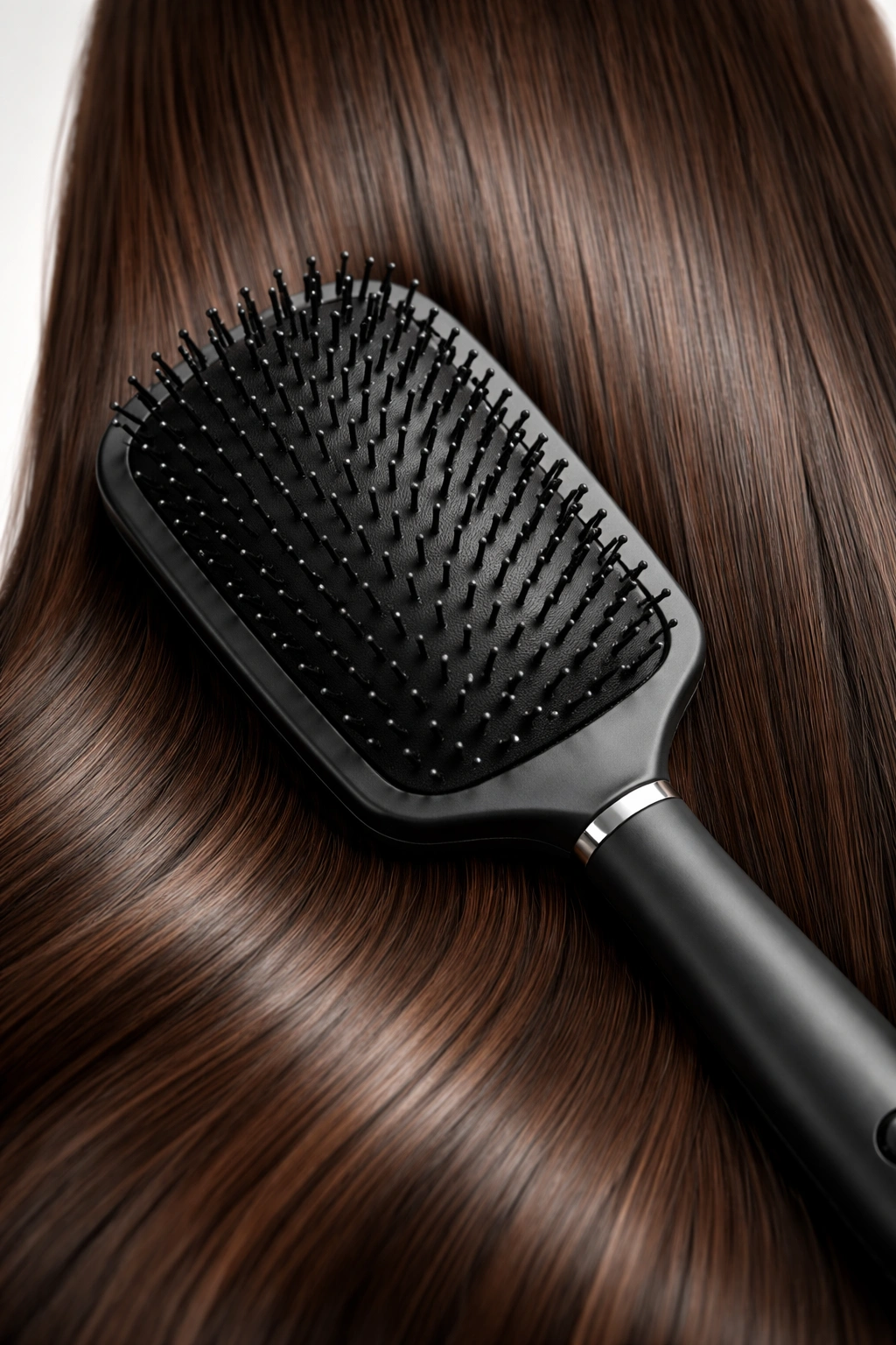 Paddle brush on straight, thick hair in a clean studio setting.