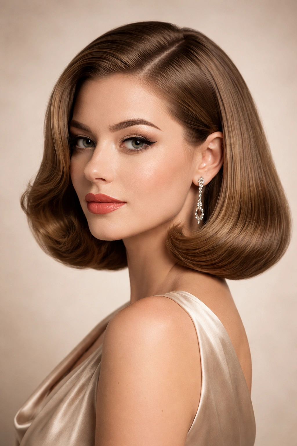 The Pageboy hairstyle with blunt shoulder-length cut and turned-under ends