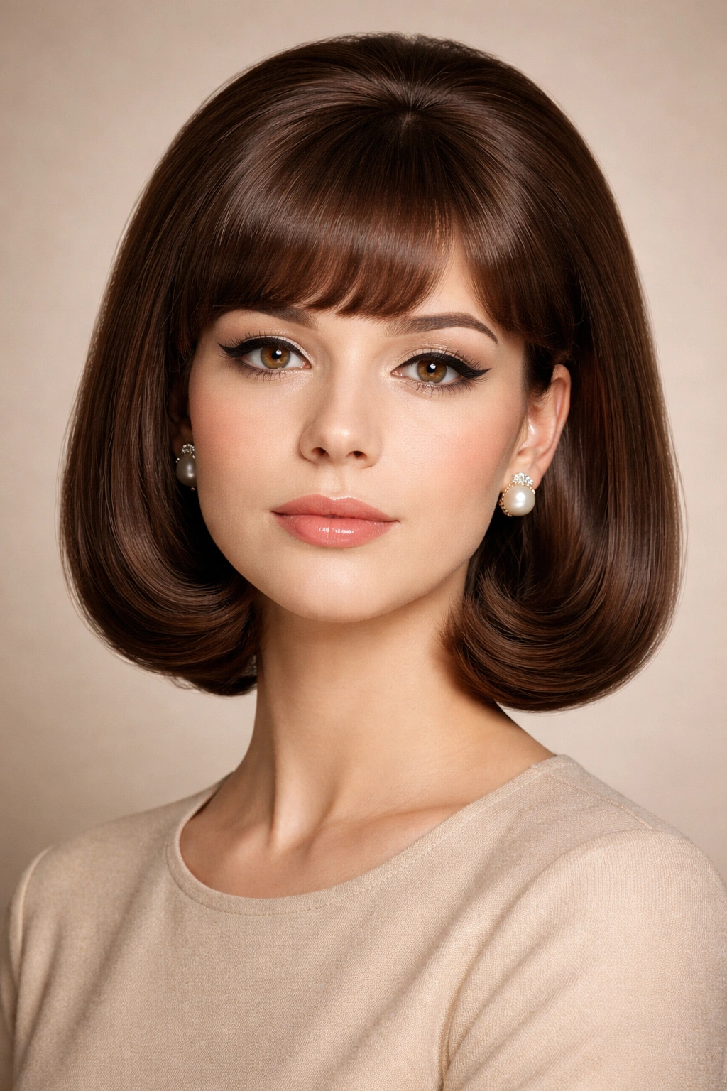 Close-up of a pageboy-cut hairstyle with smooth top and undercurl.