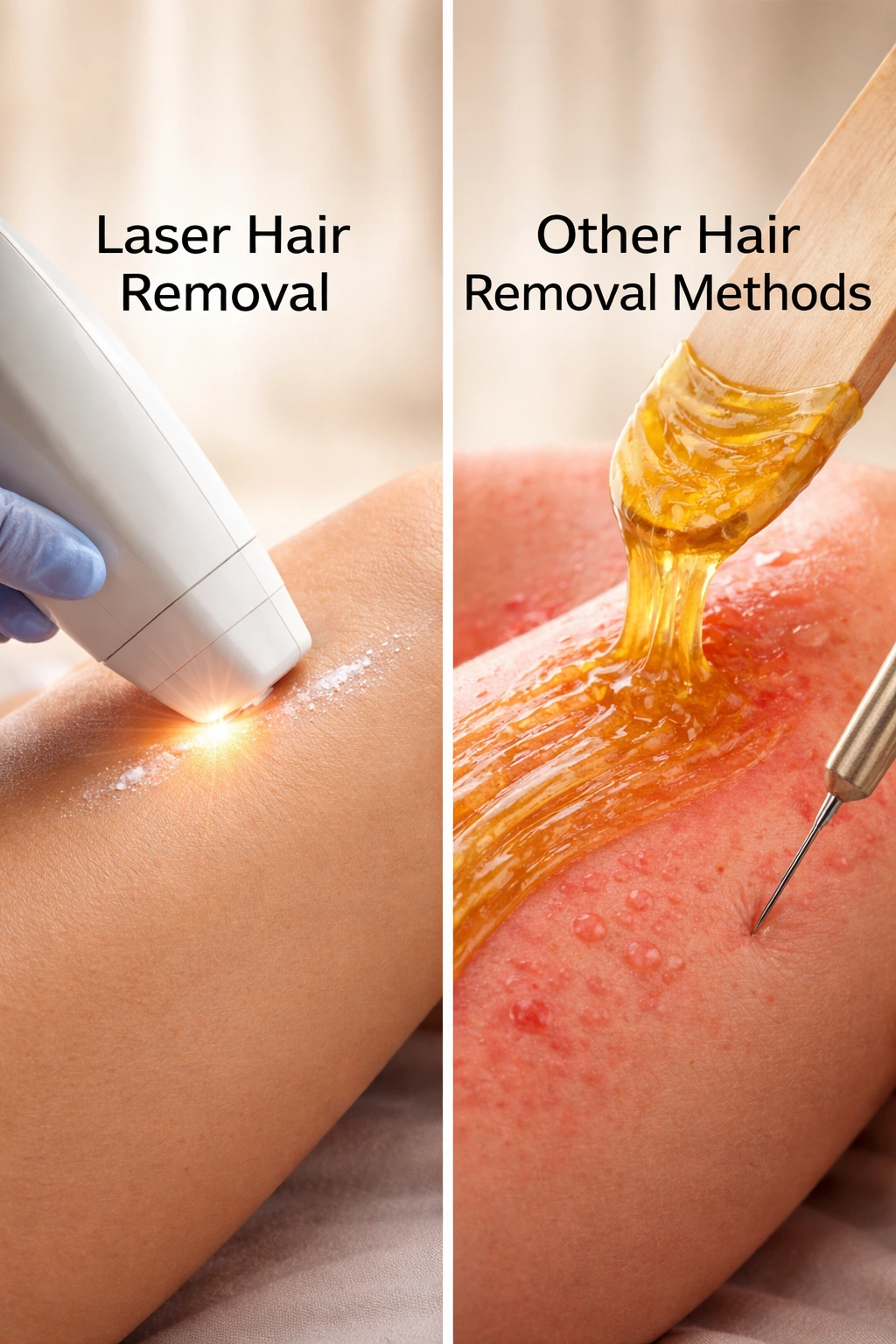 Split depiction showing relative pain levels across hair removal methods.