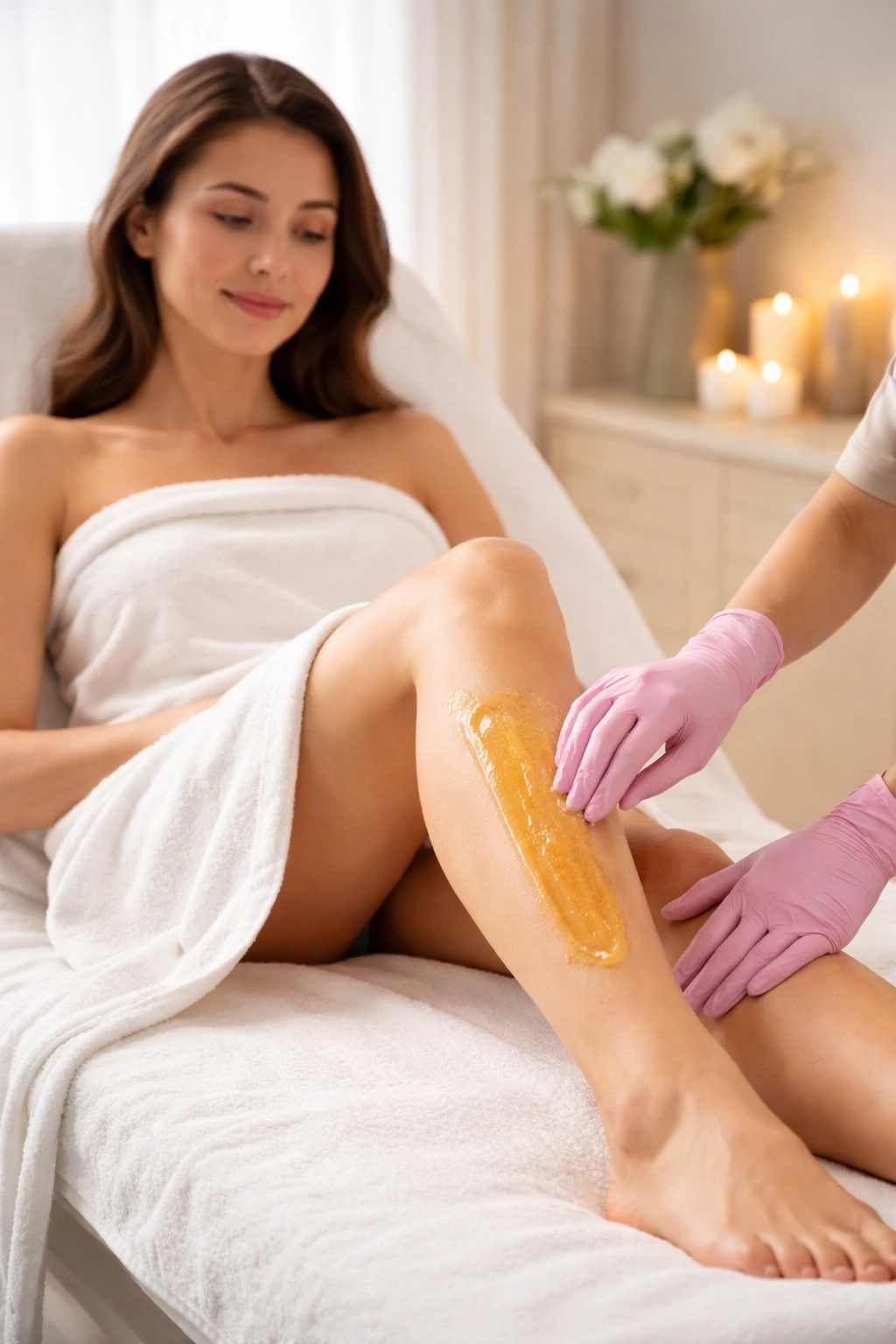 Client showing mild discomfort during hair removal in a spa