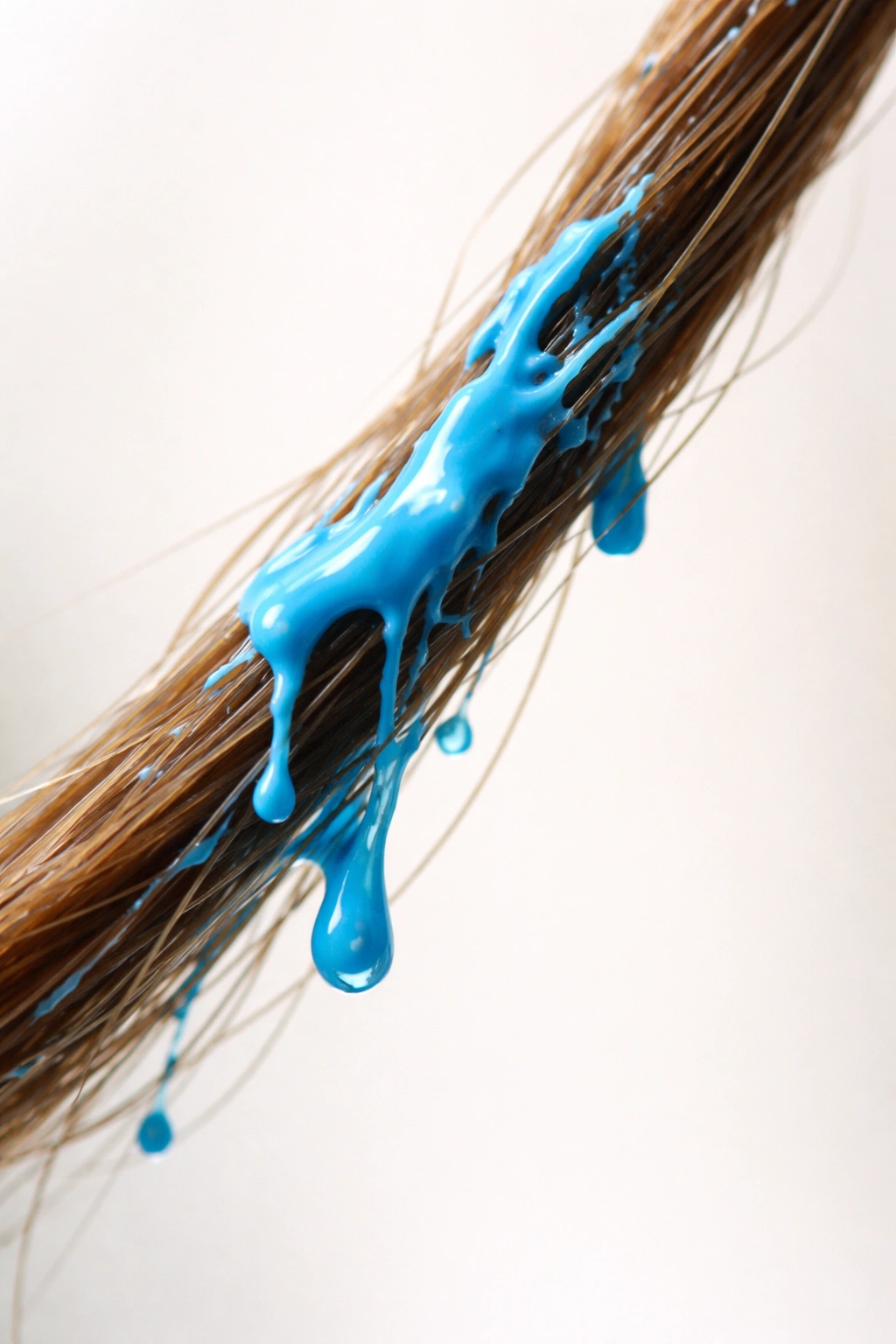 Close-up of hair with blue paint on a strand, showing removal process