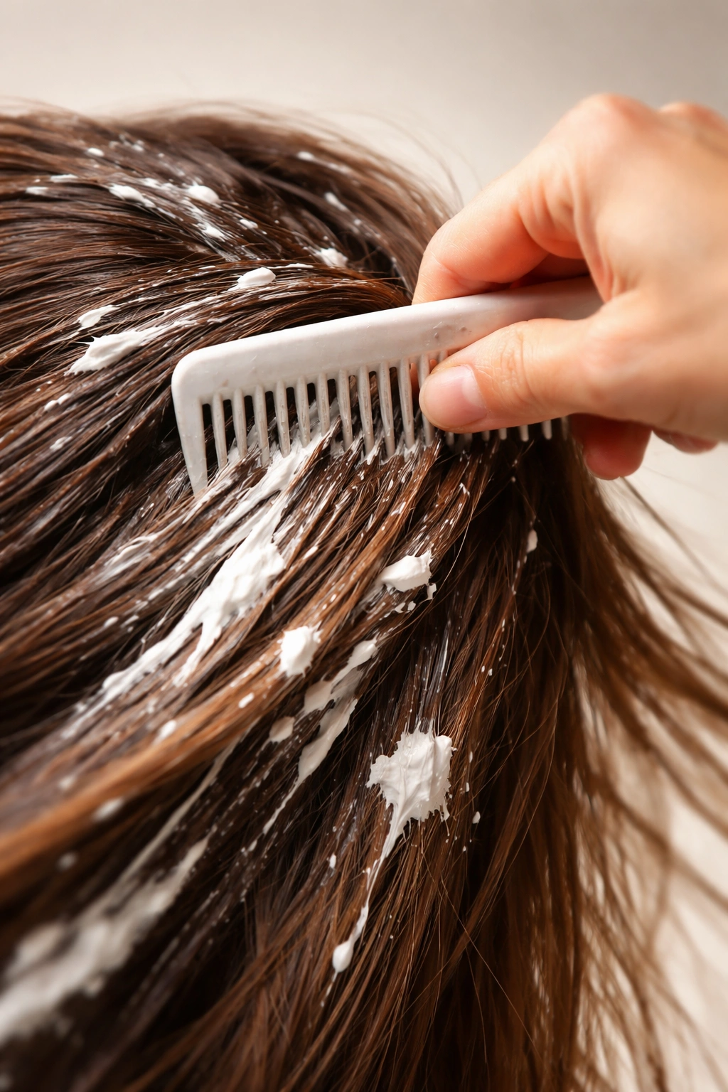Dynamic close-up of a hand combing through painted hair in motion