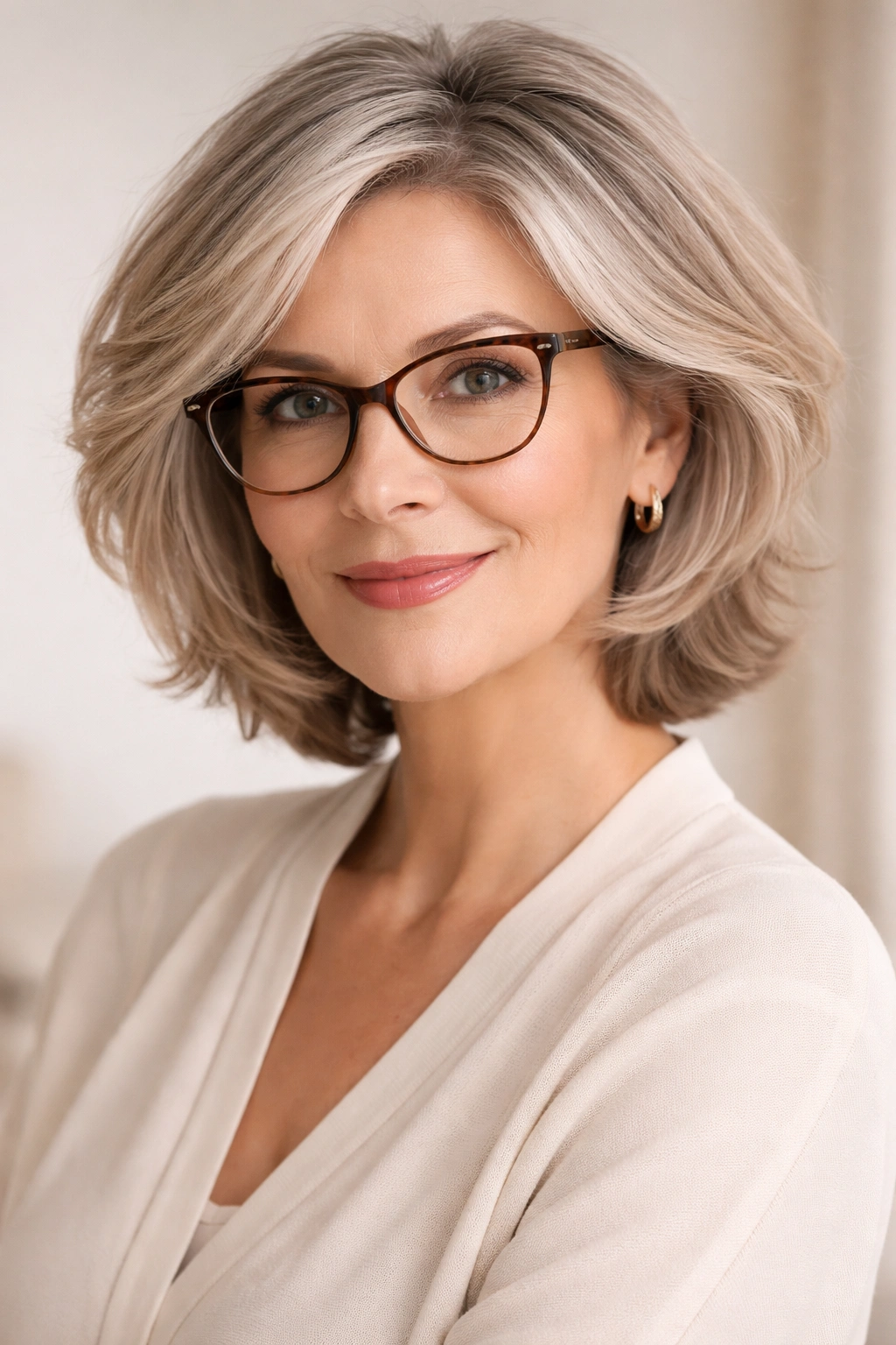 Portrait of an older woman with glasses and chic haircut, representing hair and glasses pairing