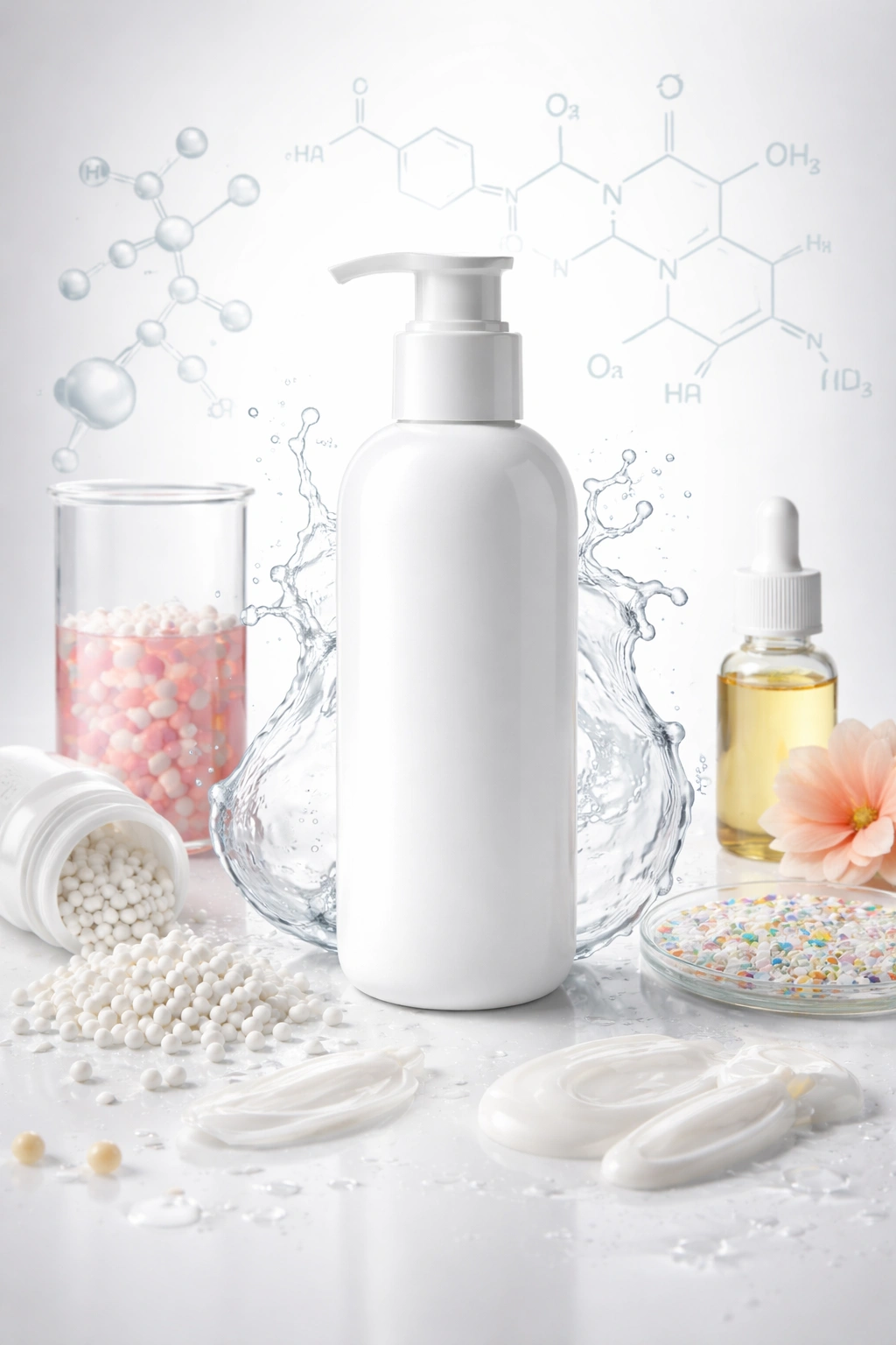 Unlabeled shampoo bottle with abstract chemical structures in the background