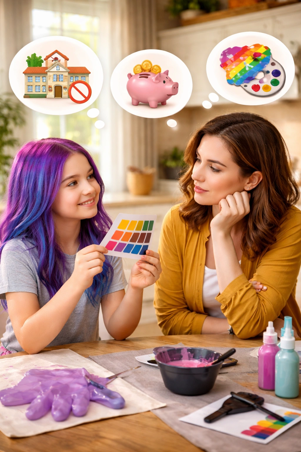 Parent and child at table considering hair color, with icons for school rules, budget, and self-expression.