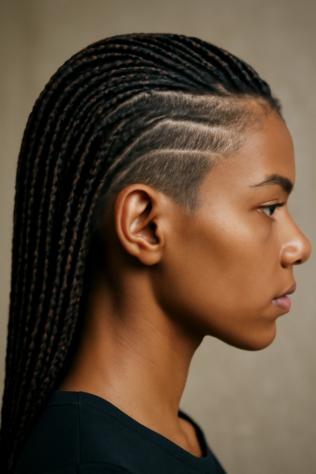 15 Micro Braid Styles for Short, Medium, or Long Hair 7 Side-profile close-up of Parted Side Micros with Undercut Design showing deep side part and shaved undercut.