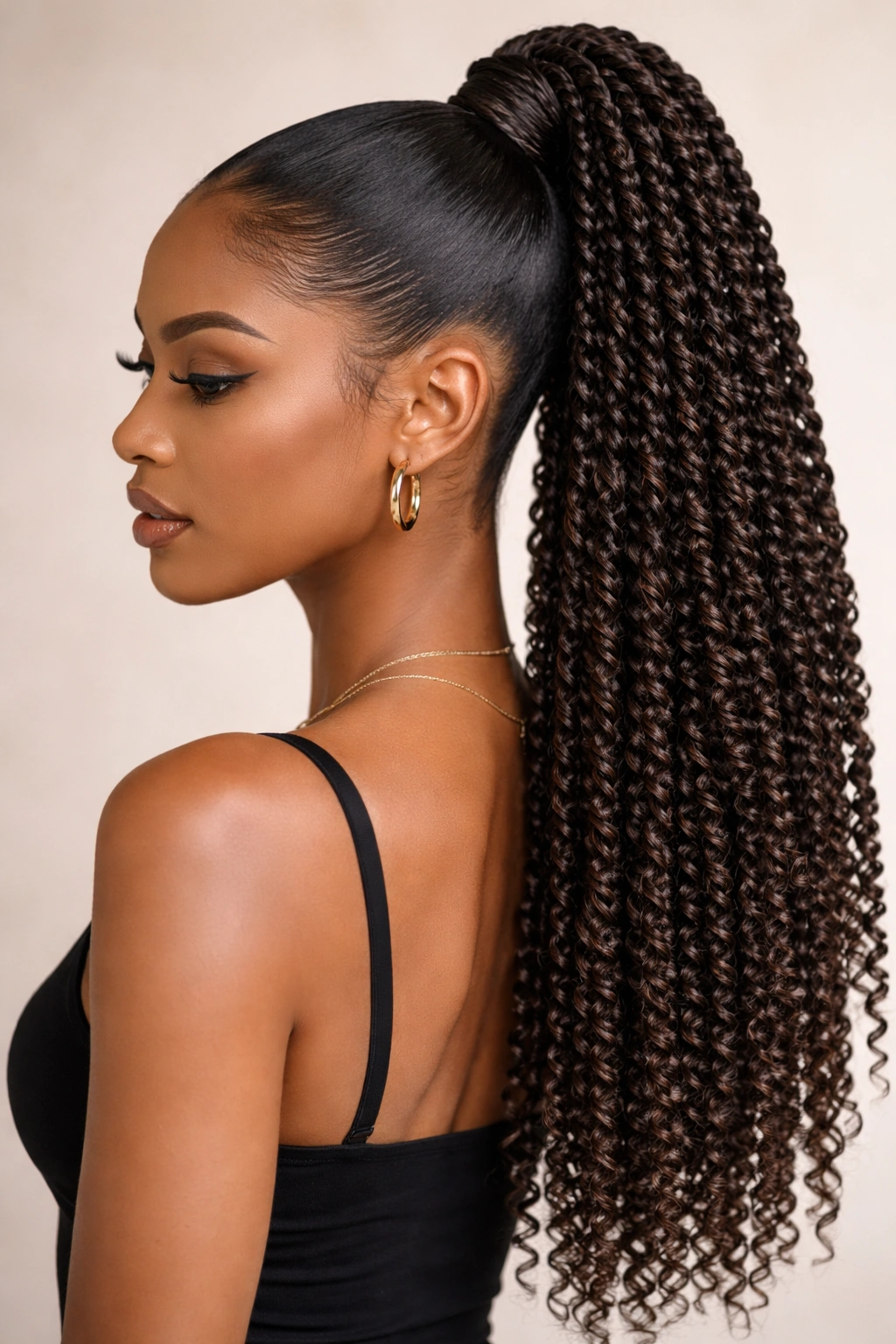 Sleek passion twist ponytail with glossy finish