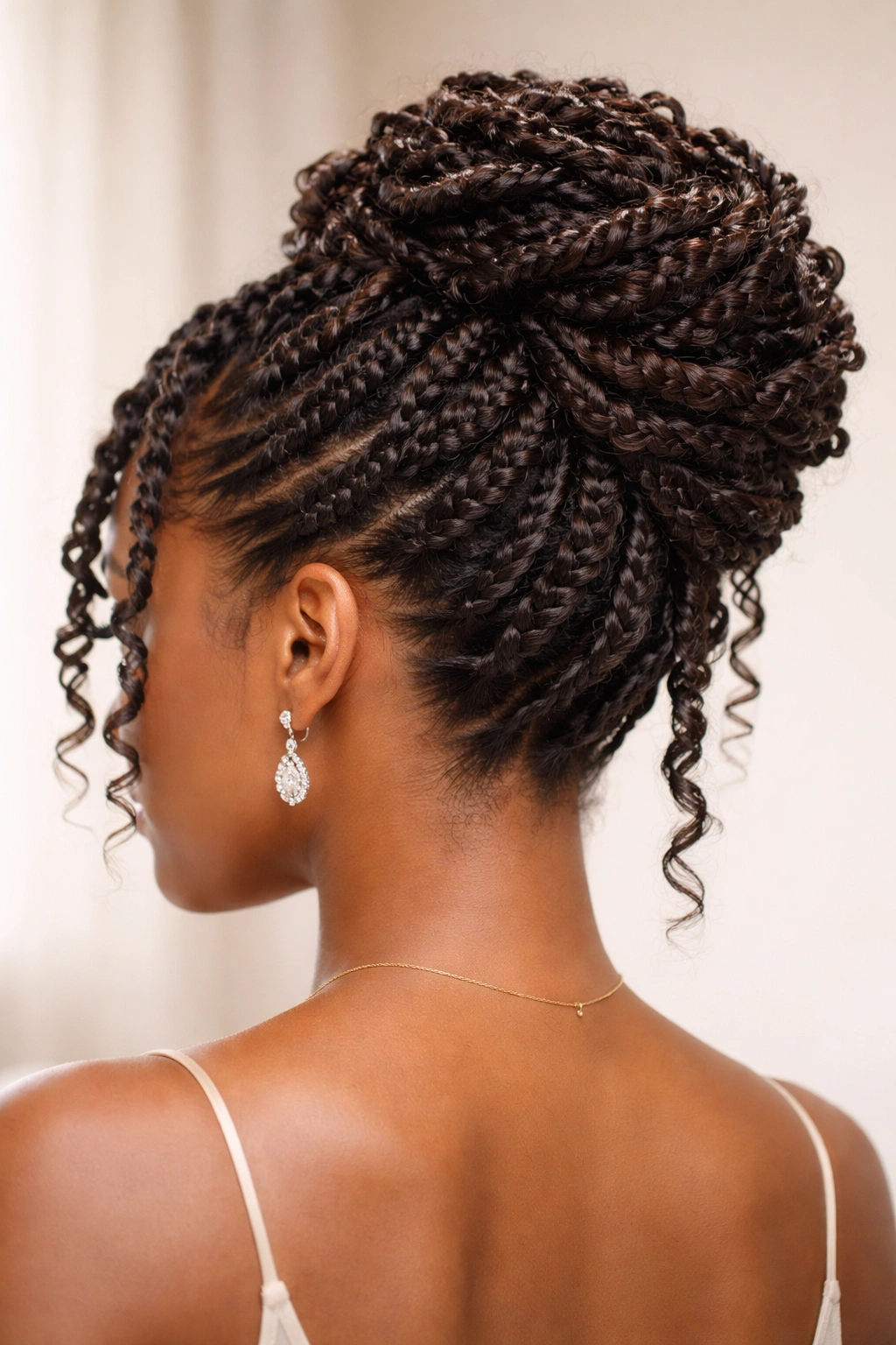 Close-up profile of a passion twist updo with dramatic crown height