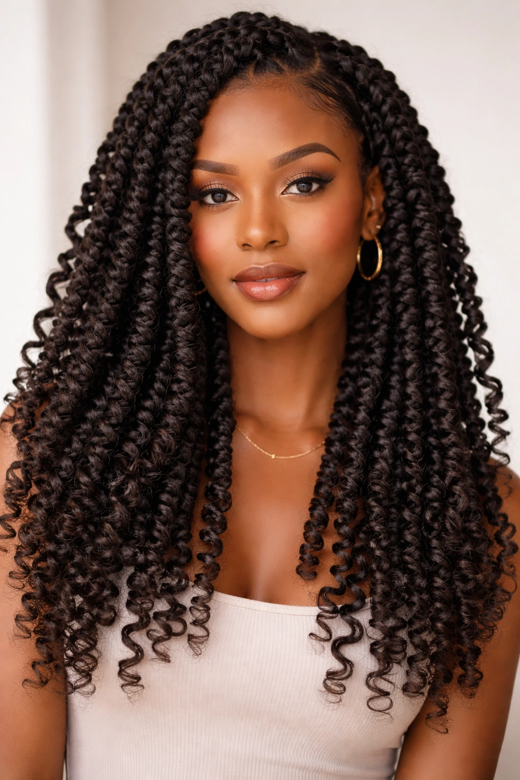 25 Braided Hairstyles For Black Women To Bookmark 15 Front view of a person wearing passion twists showing soft, voluminous texture
