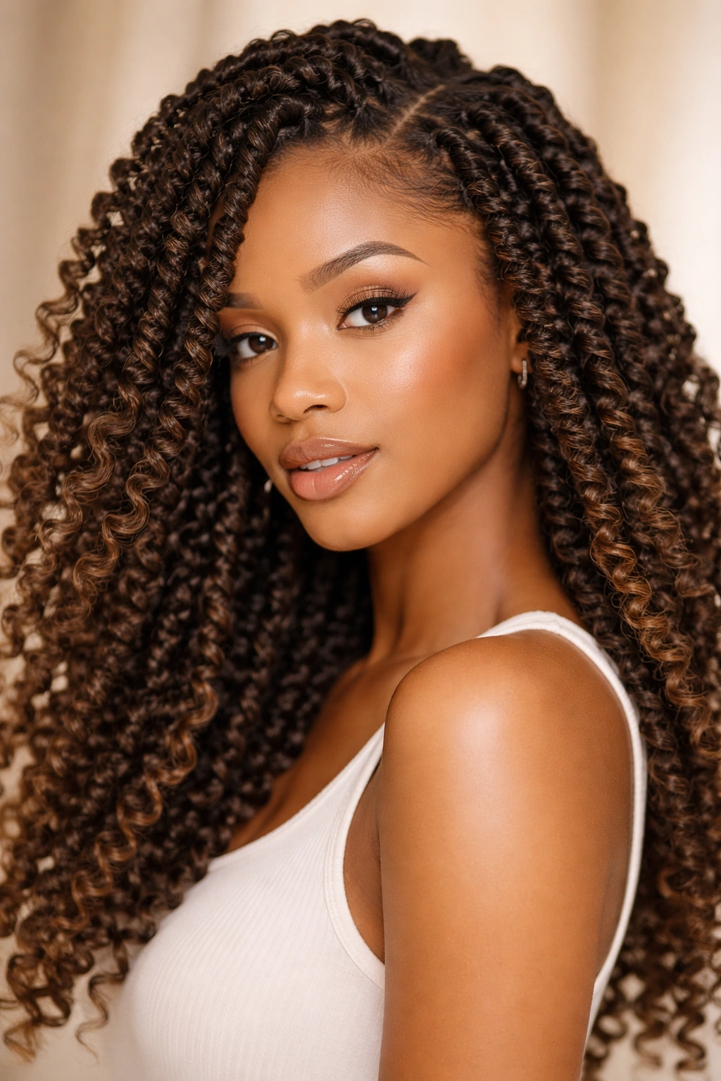 Fluffy passion twists with textured synthetic hair.