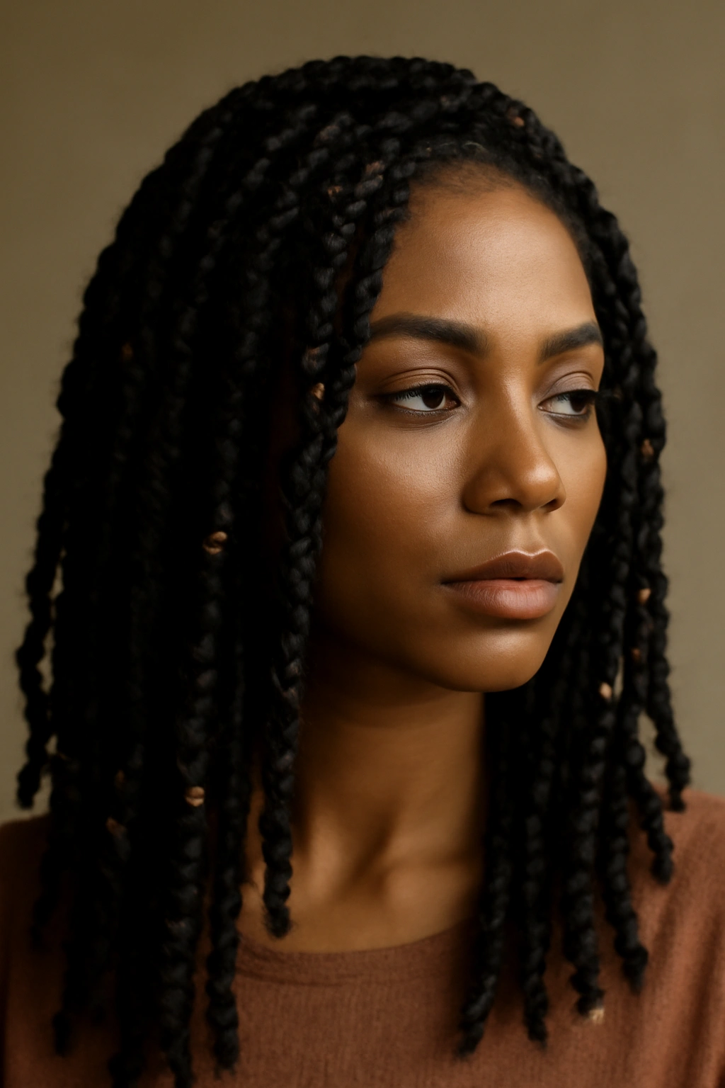 12 Passion Twist Styles to Try at Every Length 13 Close-up of passion twists hairstyle with varied thickness and subtle beads
