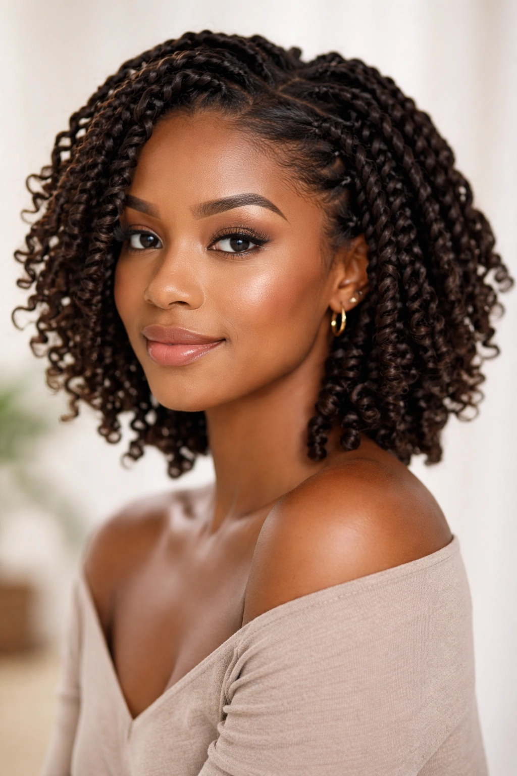 Close-up of short passion twists on natural hair showing springy texture and movement