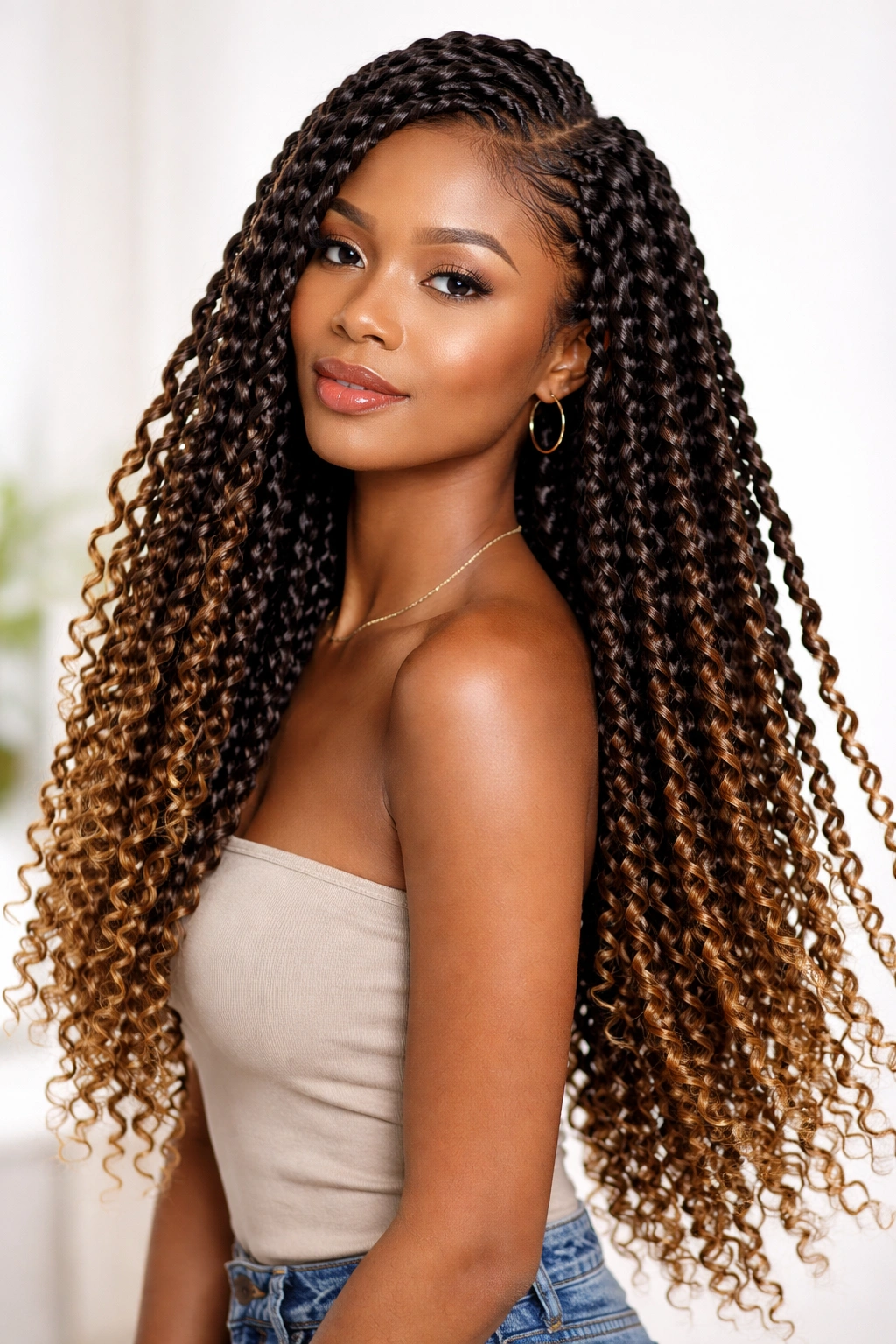 Close-up of passion twists with ombre extensions, long and flowing.