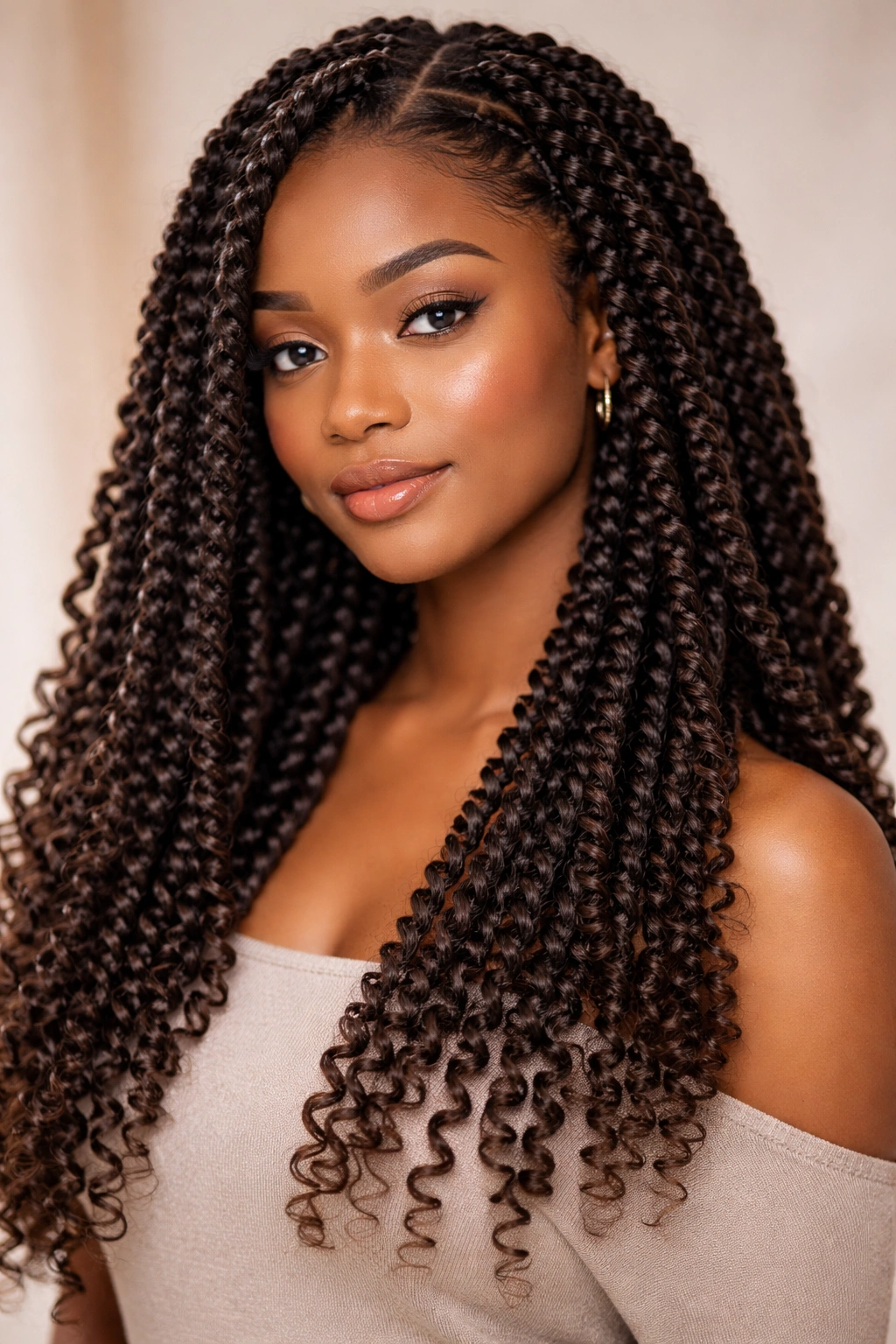 Close-up of passion twists protective hairstyle with curly ends encasing natural hair