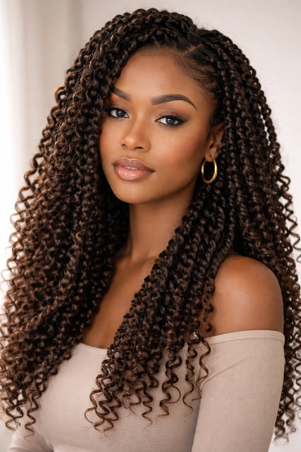 Front-facing portrait of passion twists with soft spirals