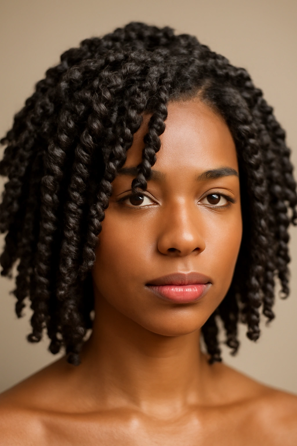 15 Short Braids for Natural Hair You Need to See 6 Close-up of passion twists with bouncy texture on short hair in studio.